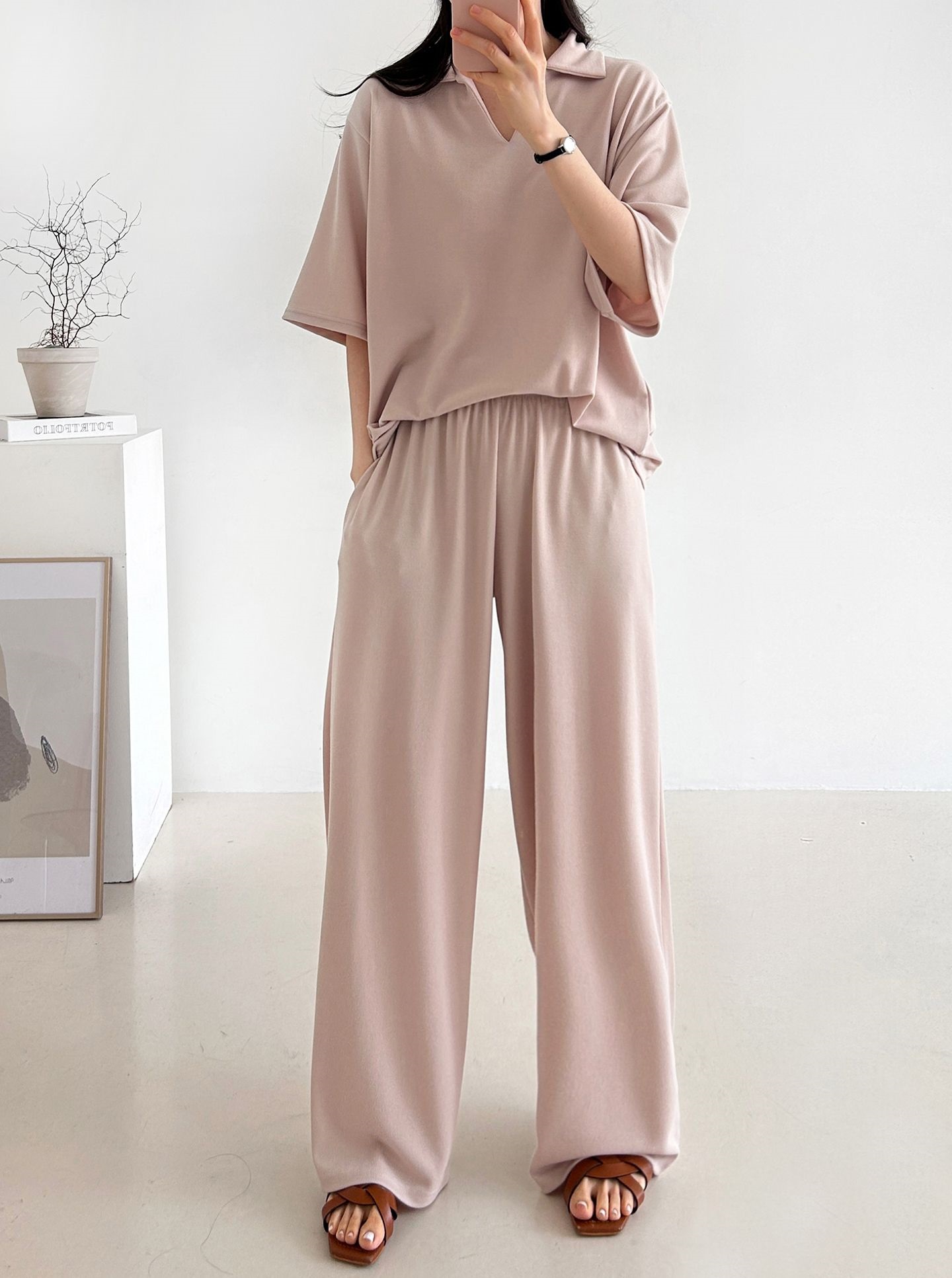 Vネックポケットオープンカラーウエストゴムオーバーサイズルーズ半袖ドロップショルダー無地ツーピース(トップス、ボトムス)パンツTシャツ | 詳細画像8