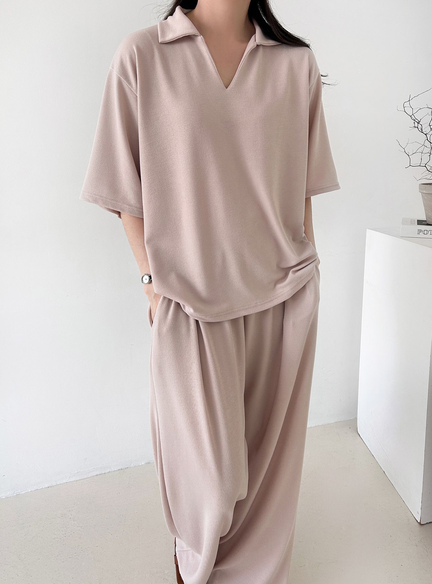 Vネックポケットオープンカラーウエストゴムオーバーサイズルーズ半袖ドロップショルダー無地ツーピース(トップス、ボトムス)パンツTシャツ | 詳細画像9