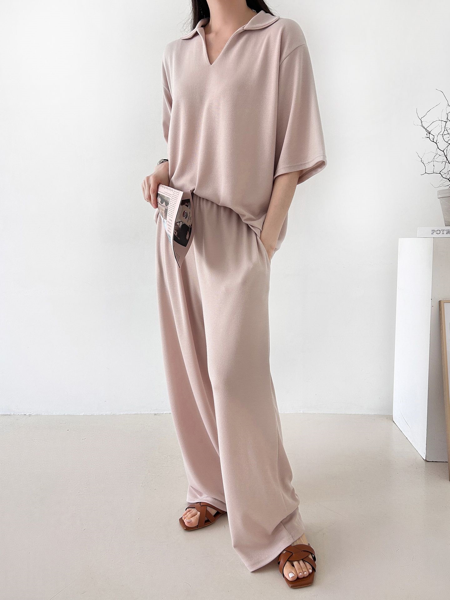 Vネックポケットオープンカラーウエストゴムオーバーサイズルーズ半袖ドロップショルダー無地ツーピース(トップス、ボトムス)パンツTシャツ | 詳細画像10