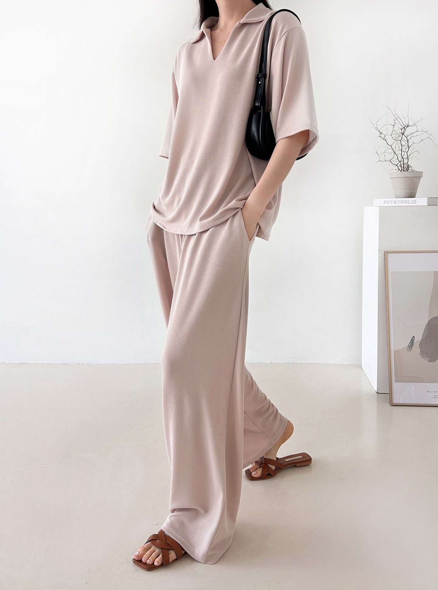 Vネックポケットオープンカラーウエストゴムオーバーサイズルーズ半袖ドロップショルダー無地ツーピース(トップス、ボトムス)パンツTシャツ | 詳細画像11