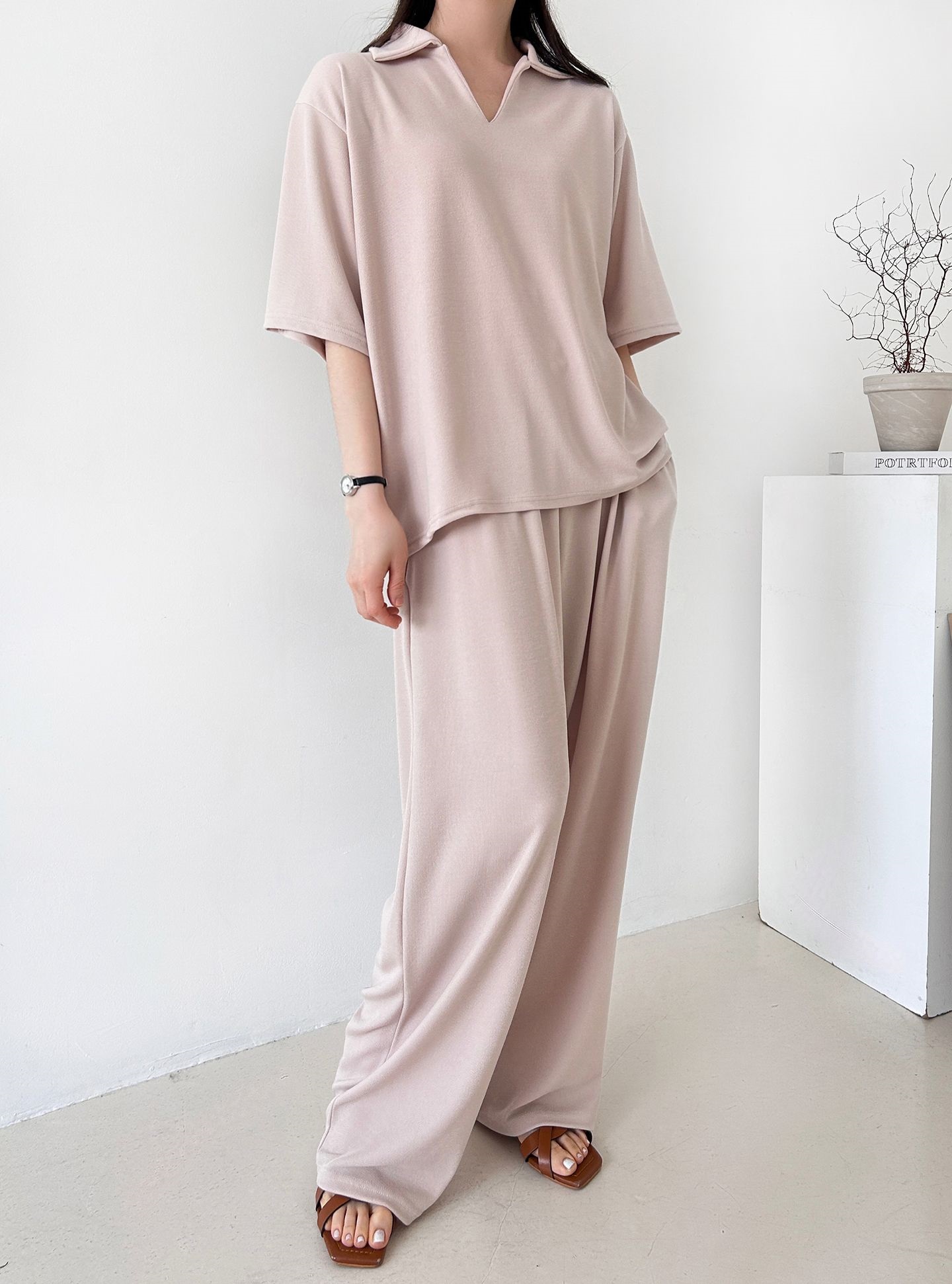 Vネックポケットオープンカラーウエストゴムオーバーサイズルーズ半袖ドロップショルダー無地ツーピース(トップス、ボトムス)パンツTシャツ | 詳細画像12