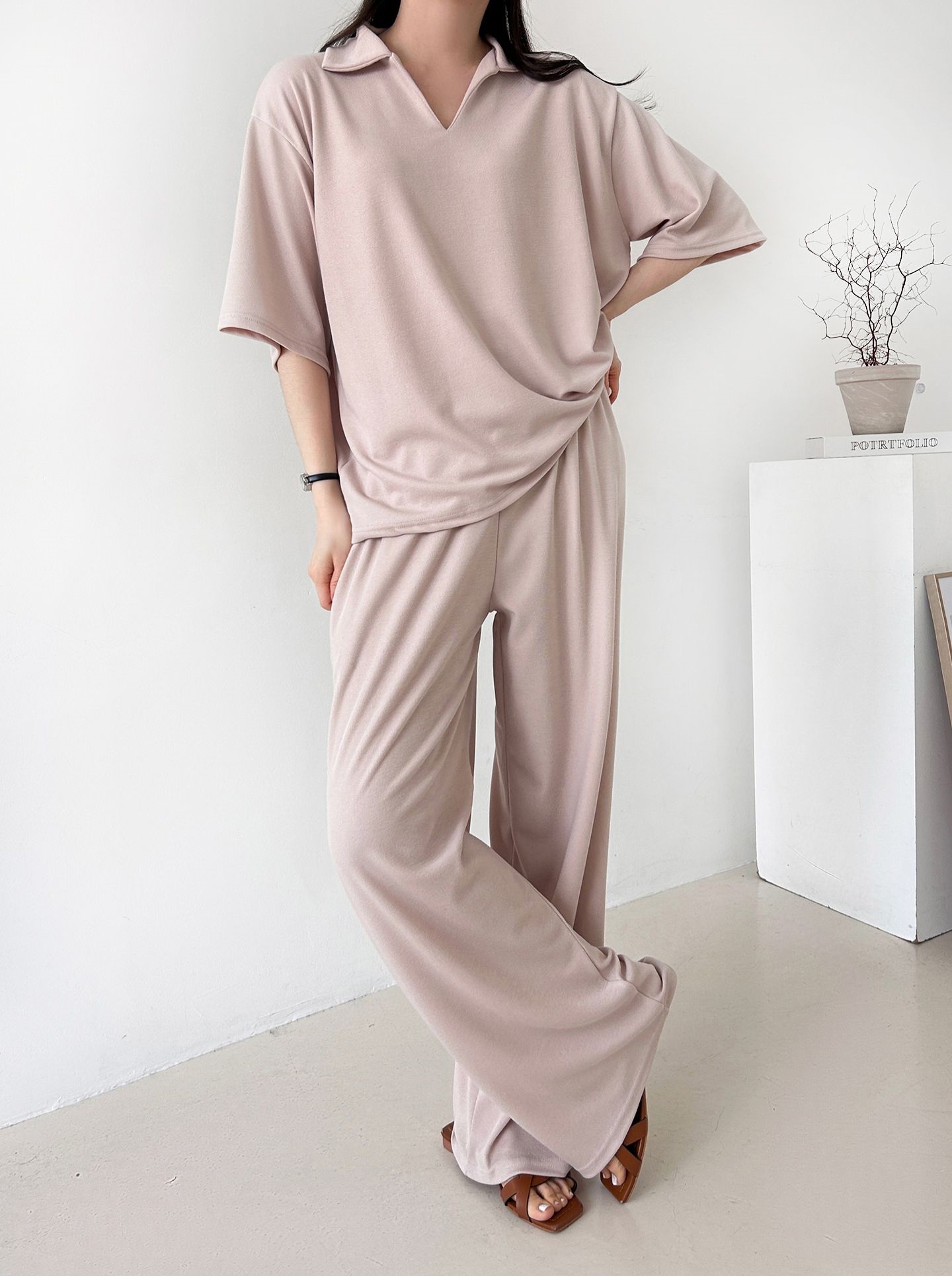 Vネックポケットオープンカラーウエストゴムオーバーサイズルーズ半袖ドロップショルダー無地ツーピース(トップス、ボトムス)パンツTシャツ | 詳細画像13