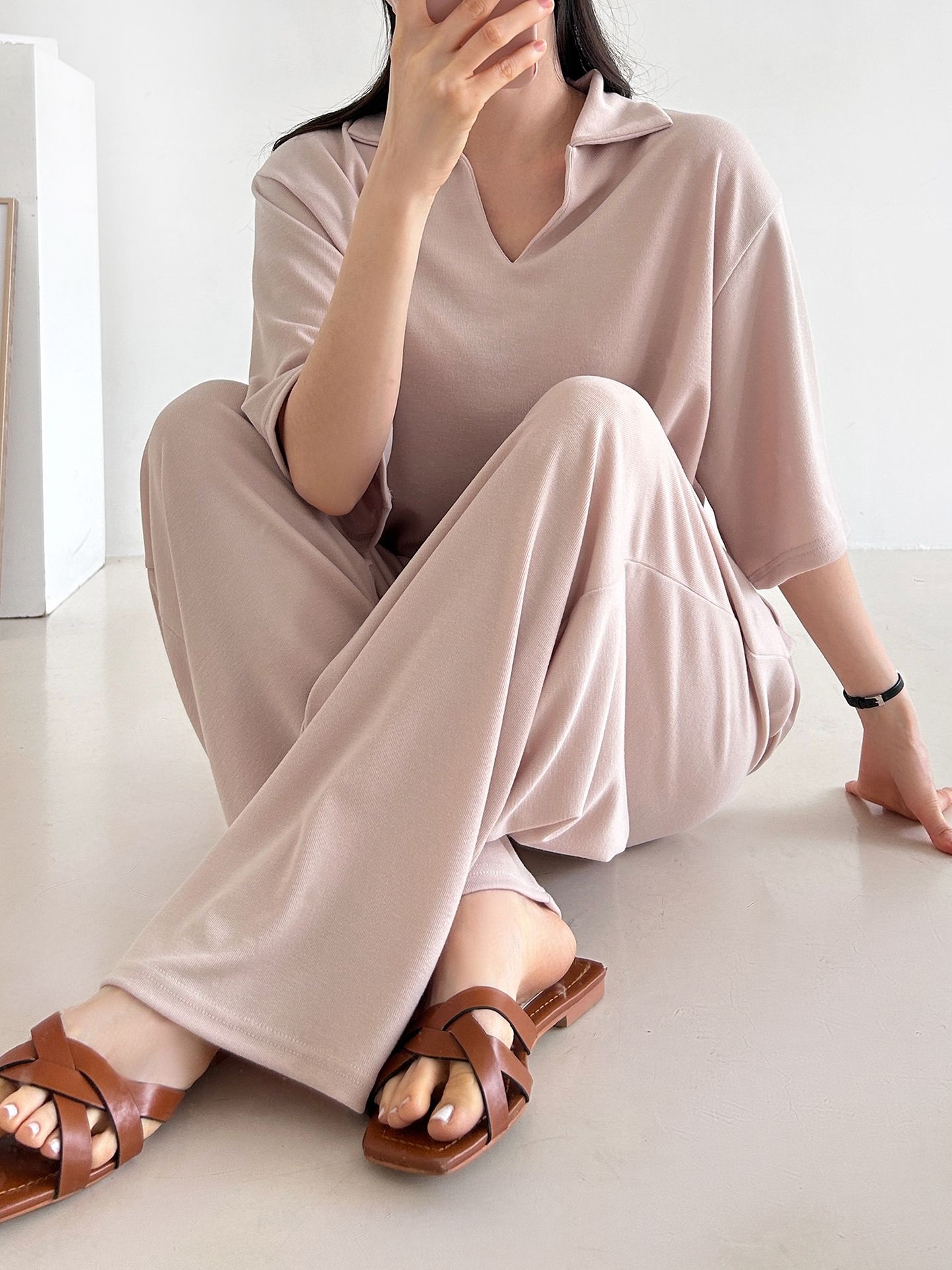 Vネックポケットオープンカラーウエストゴムオーバーサイズルーズ半袖ドロップショルダー無地ツーピース(トップス、ボトムス)パンツTシャツ | 詳細画像14