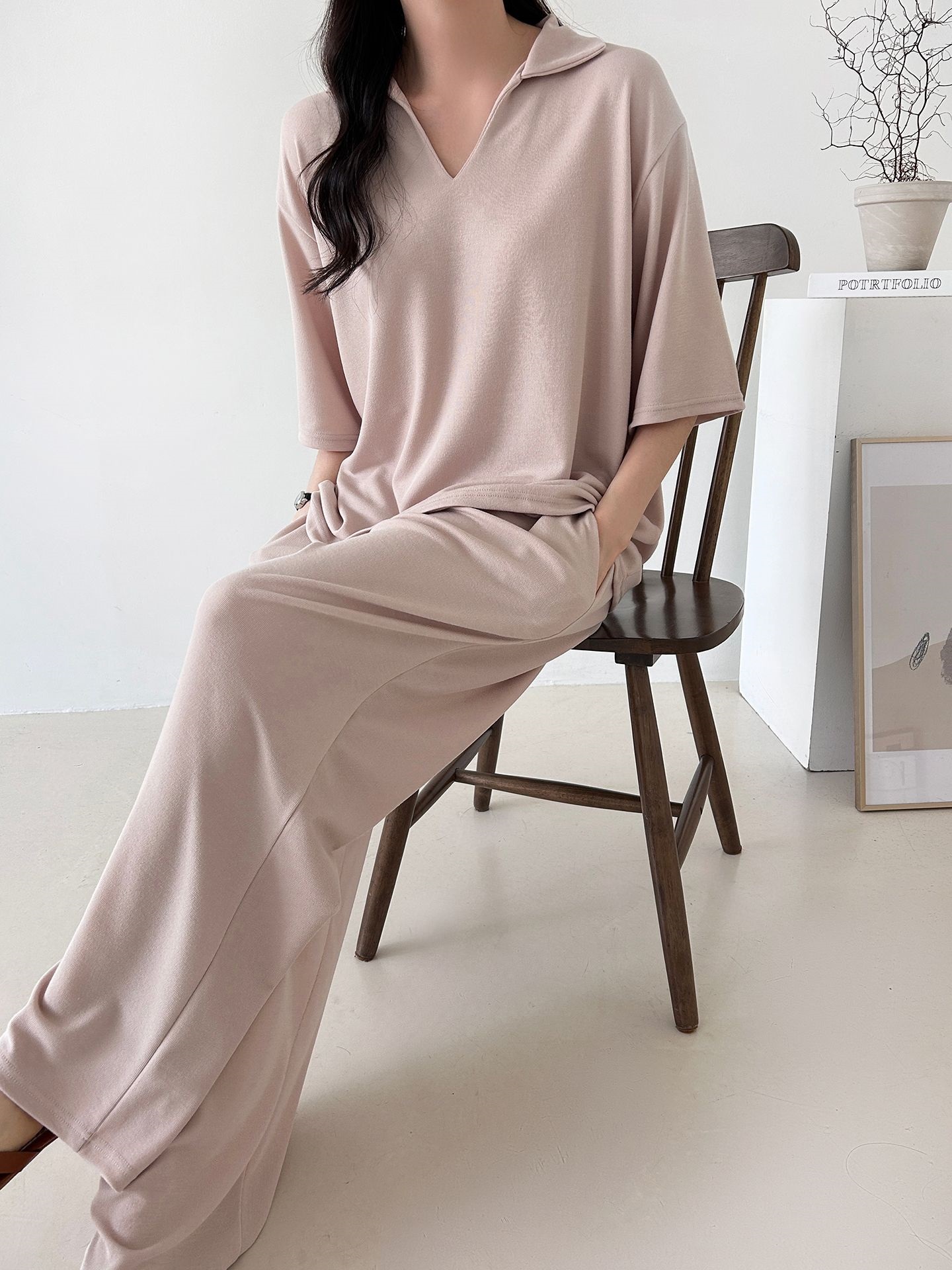 Vネックポケットオープンカラーウエストゴムオーバーサイズルーズ半袖ドロップショルダー無地ツーピース(トップス、ボトムス)パンツTシャツ | 詳細画像15