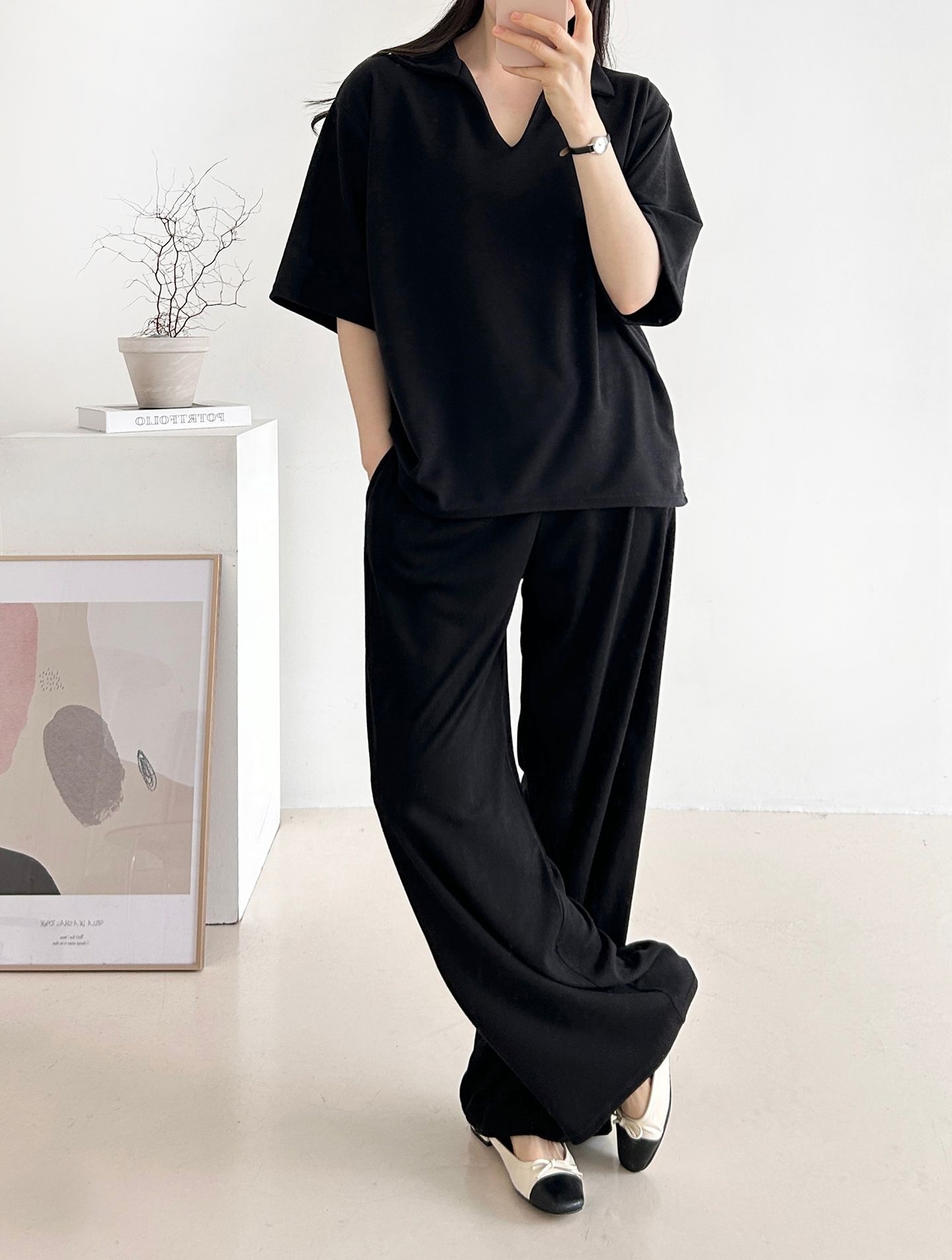 Vネックポケットオープンカラーウエストゴムオーバーサイズルーズ半袖ドロップショルダー無地ツーピース(トップス、ボトムス)パンツTシャツ | 詳細画像16