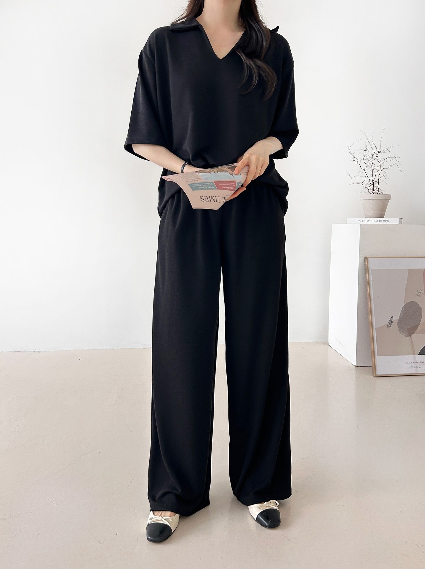 Vネックポケットオープンカラーウエストゴムオーバーサイズルーズ半袖ドロップショルダー無地ツーピース(トップス、ボトムス)パンツTシャツ | 詳細画像17