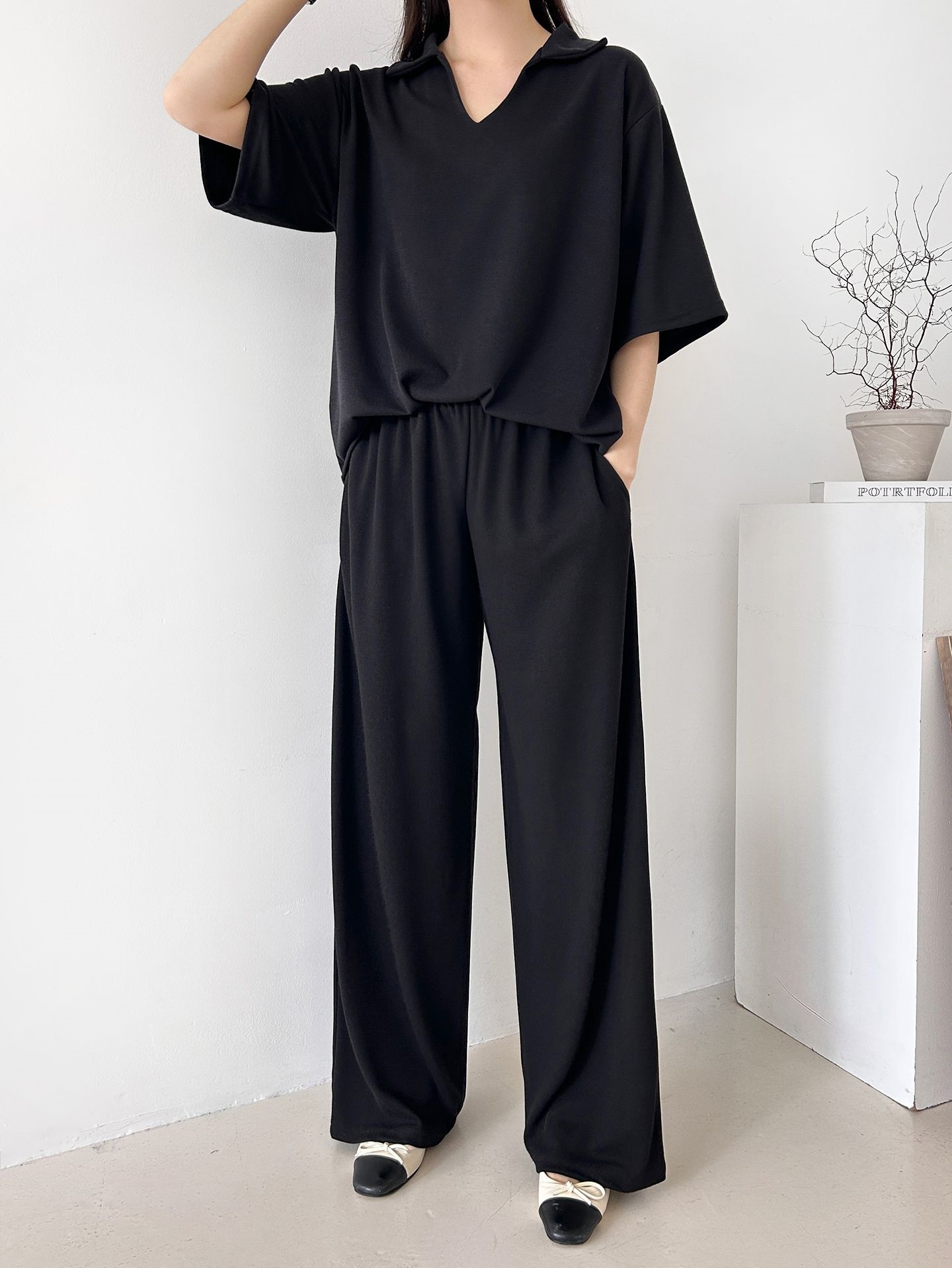 Vネックポケットオープンカラーウエストゴムオーバーサイズルーズ半袖ドロップショルダー無地ツーピース(トップス、ボトムス)パンツTシャツ | 詳細画像18