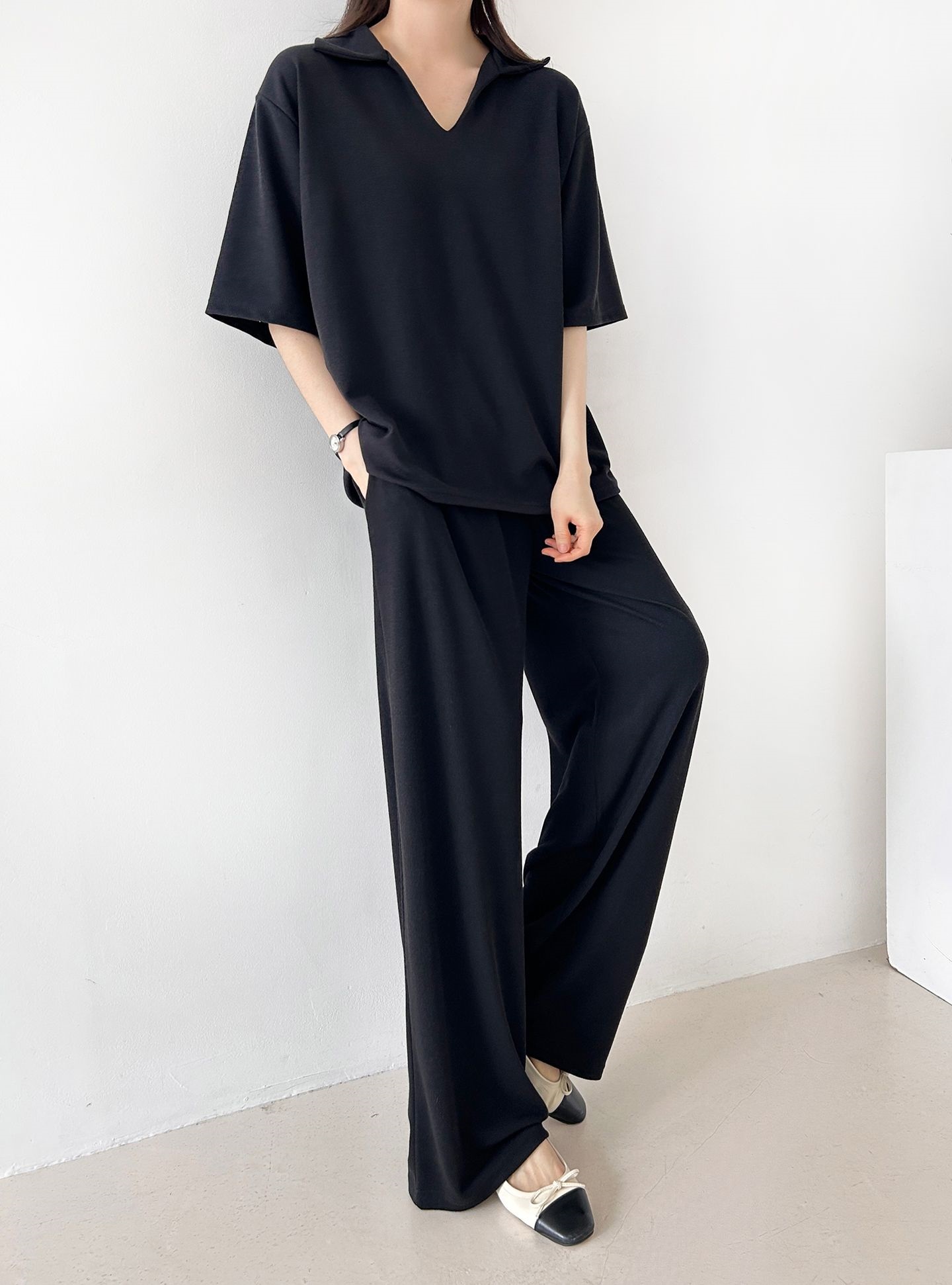 Vネックポケットオープンカラーウエストゴムオーバーサイズルーズ半袖ドロップショルダー無地ツーピース(トップス、ボトムス)パンツTシャツ | 詳細画像19