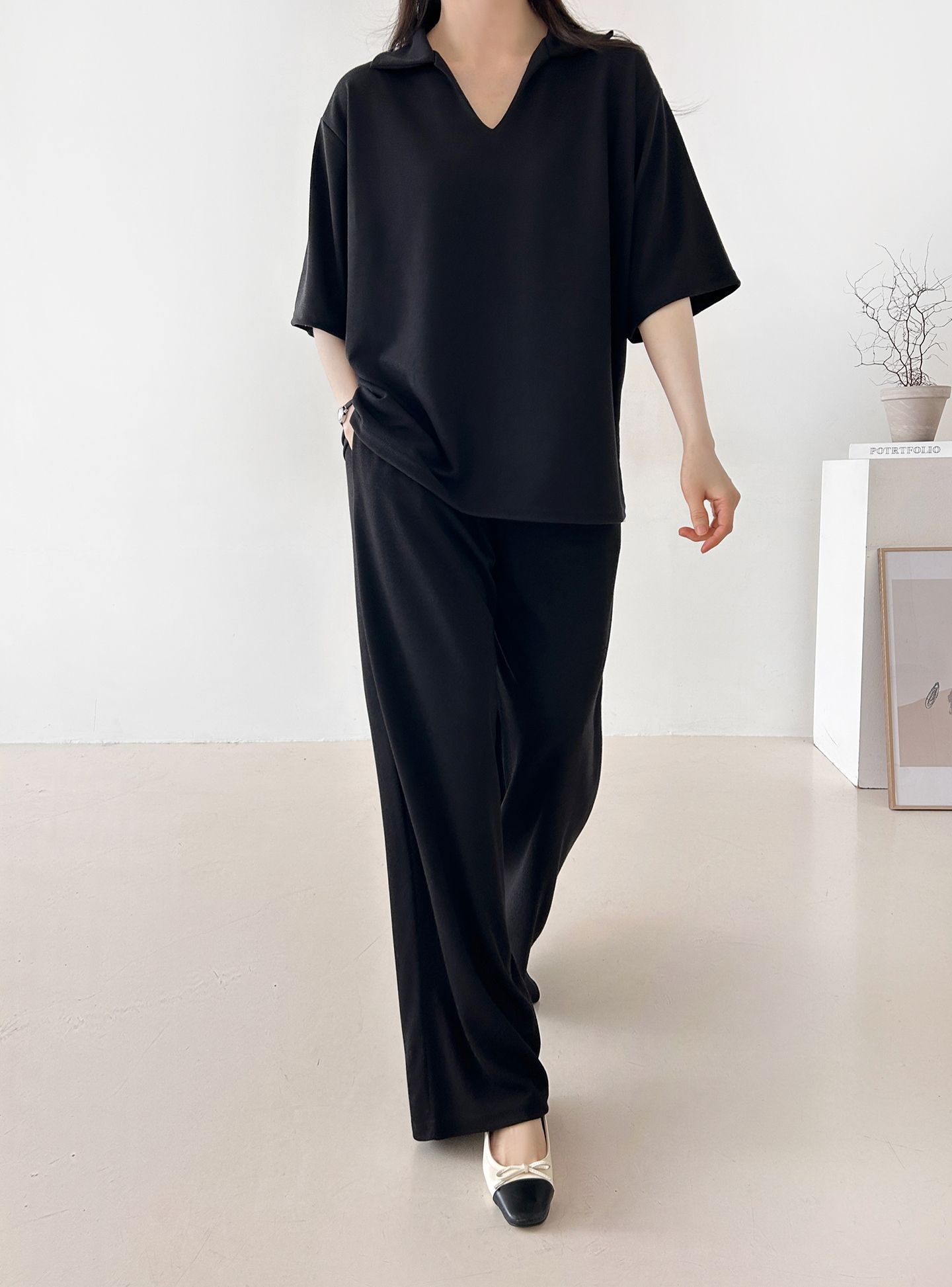 Vネックポケットオープンカラーウエストゴムオーバーサイズルーズ半袖ドロップショルダー無地ツーピース(トップス、ボトムス)パンツTシャツ | 詳細画像20