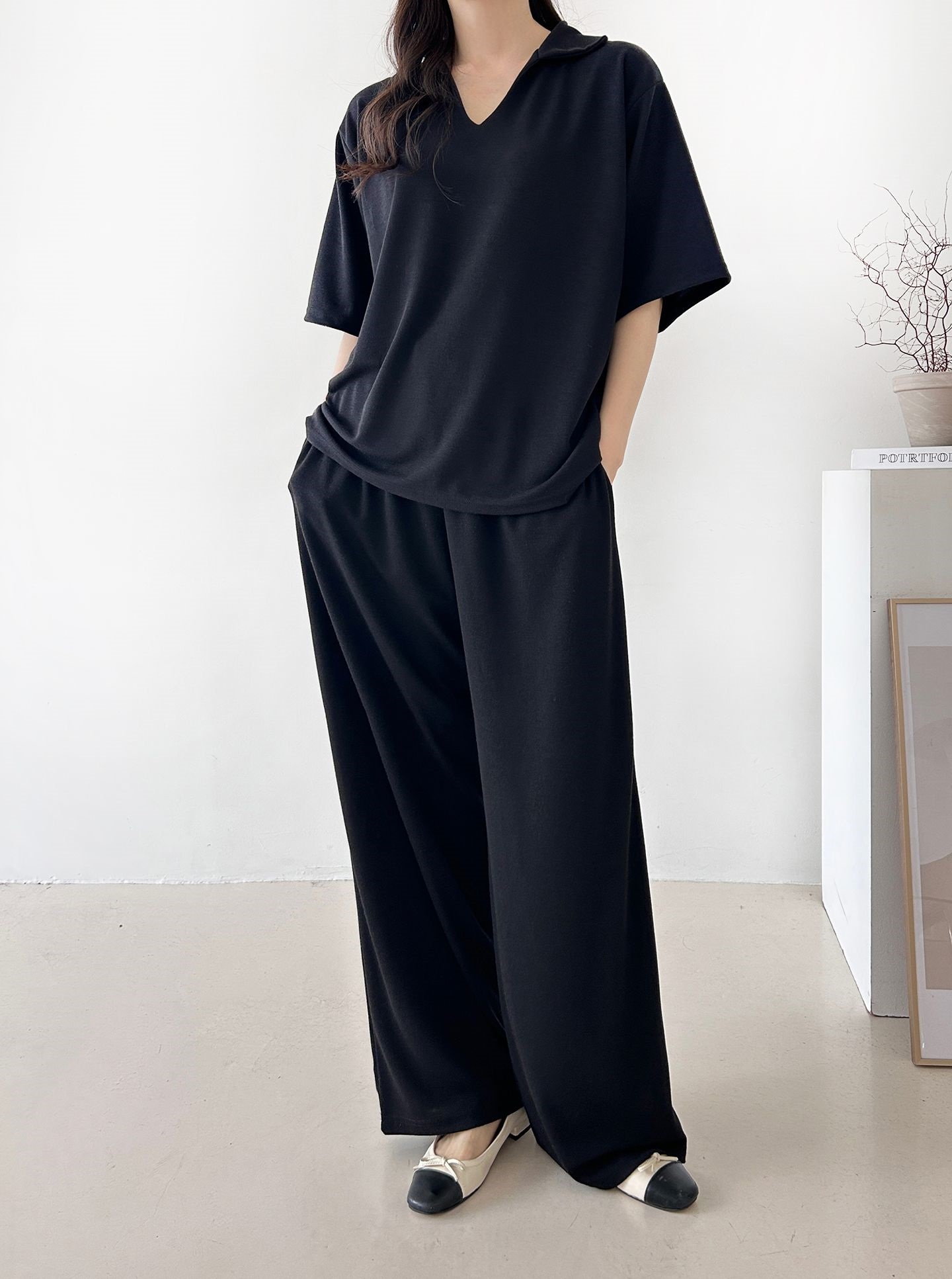 Vネックポケットオープンカラーウエストゴムオーバーサイズルーズ半袖ドロップショルダー無地ツーピース(トップス、ボトムス)パンツTシャツ | 詳細画像21