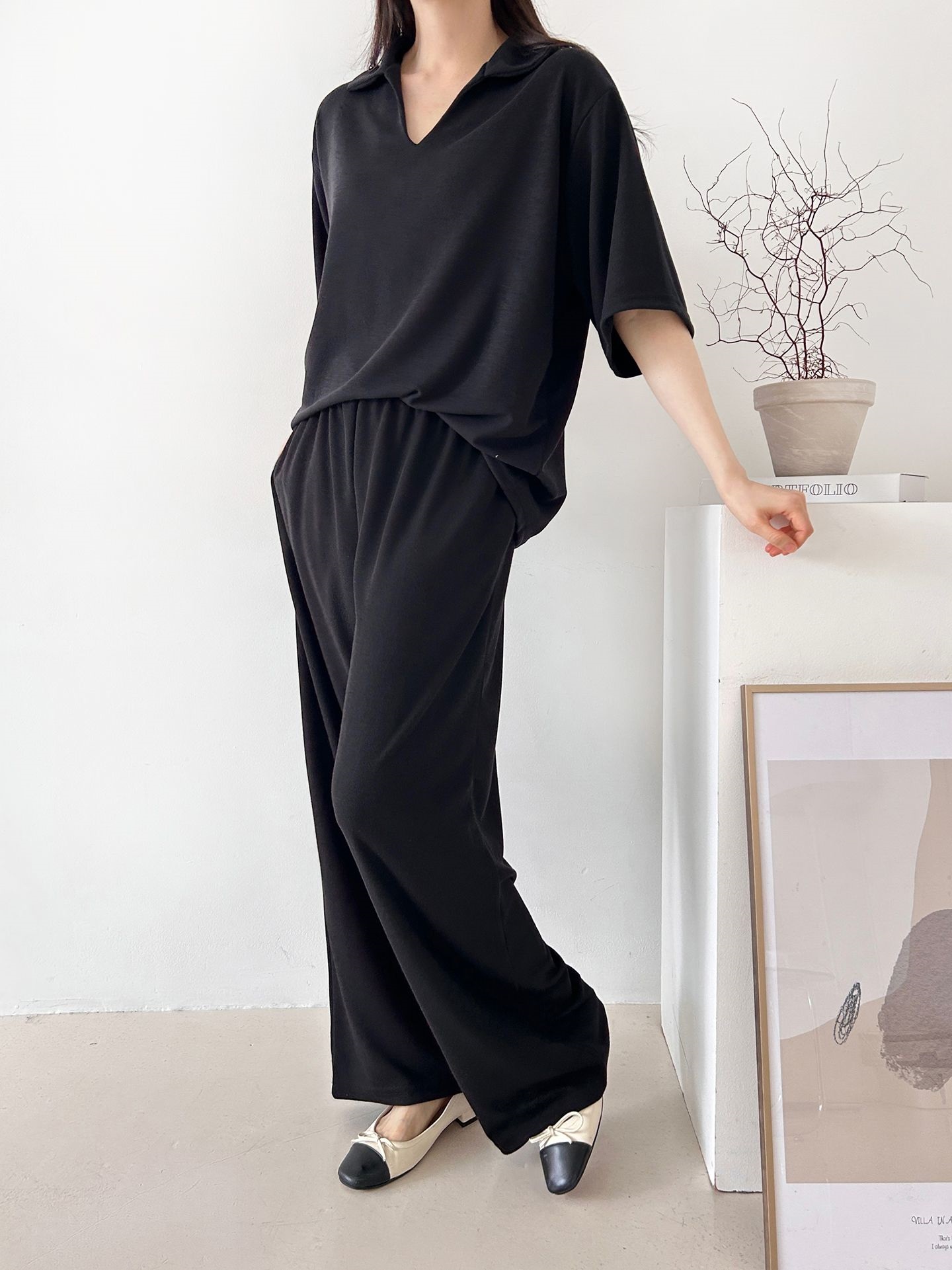 Vネックポケットオープンカラーウエストゴムオーバーサイズルーズ半袖ドロップショルダー無地ツーピース(トップス、ボトムス)パンツTシャツ | 詳細画像22