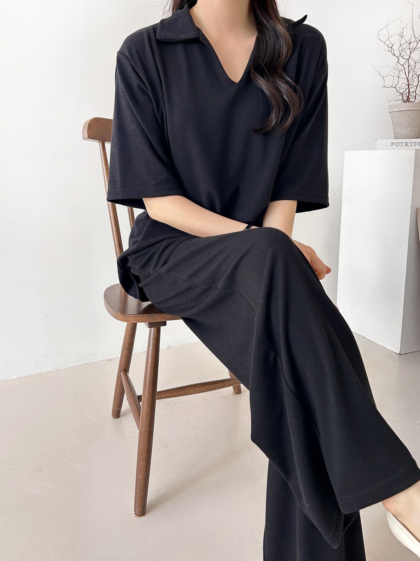 Vネックポケットオープンカラーウエストゴムオーバーサイズルーズ半袖ドロップショルダー無地ツーピース(トップス、ボトムス)パンツTシャツ | 詳細画像24