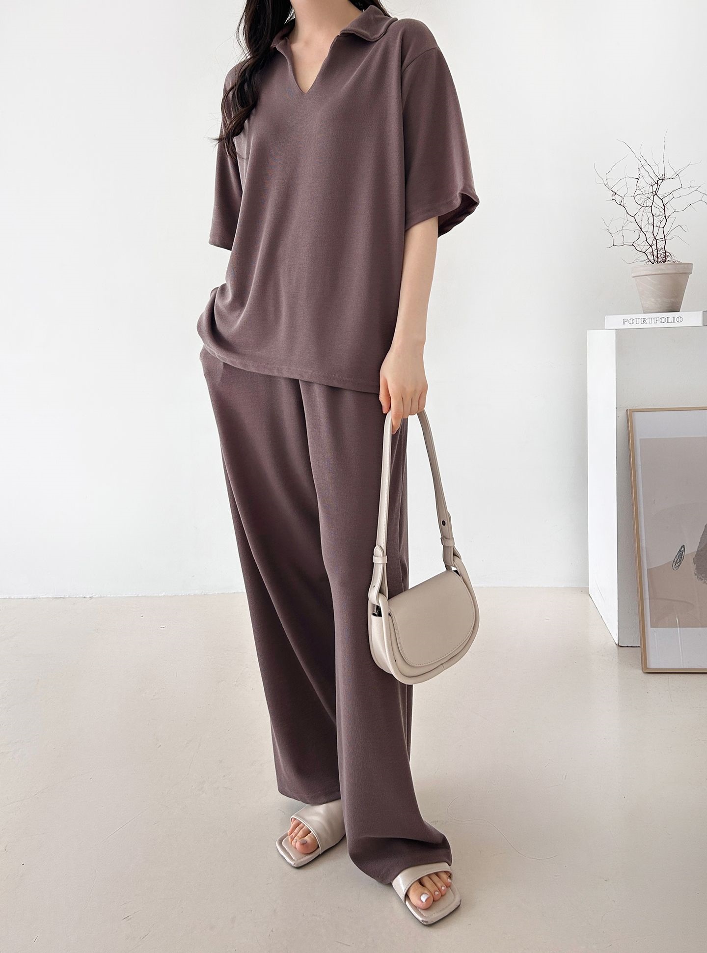 Vネックポケットオープンカラーウエストゴムオーバーサイズルーズ半袖ドロップショルダー無地ツーピース(トップス、ボトムス)パンツTシャツ | 詳細画像25