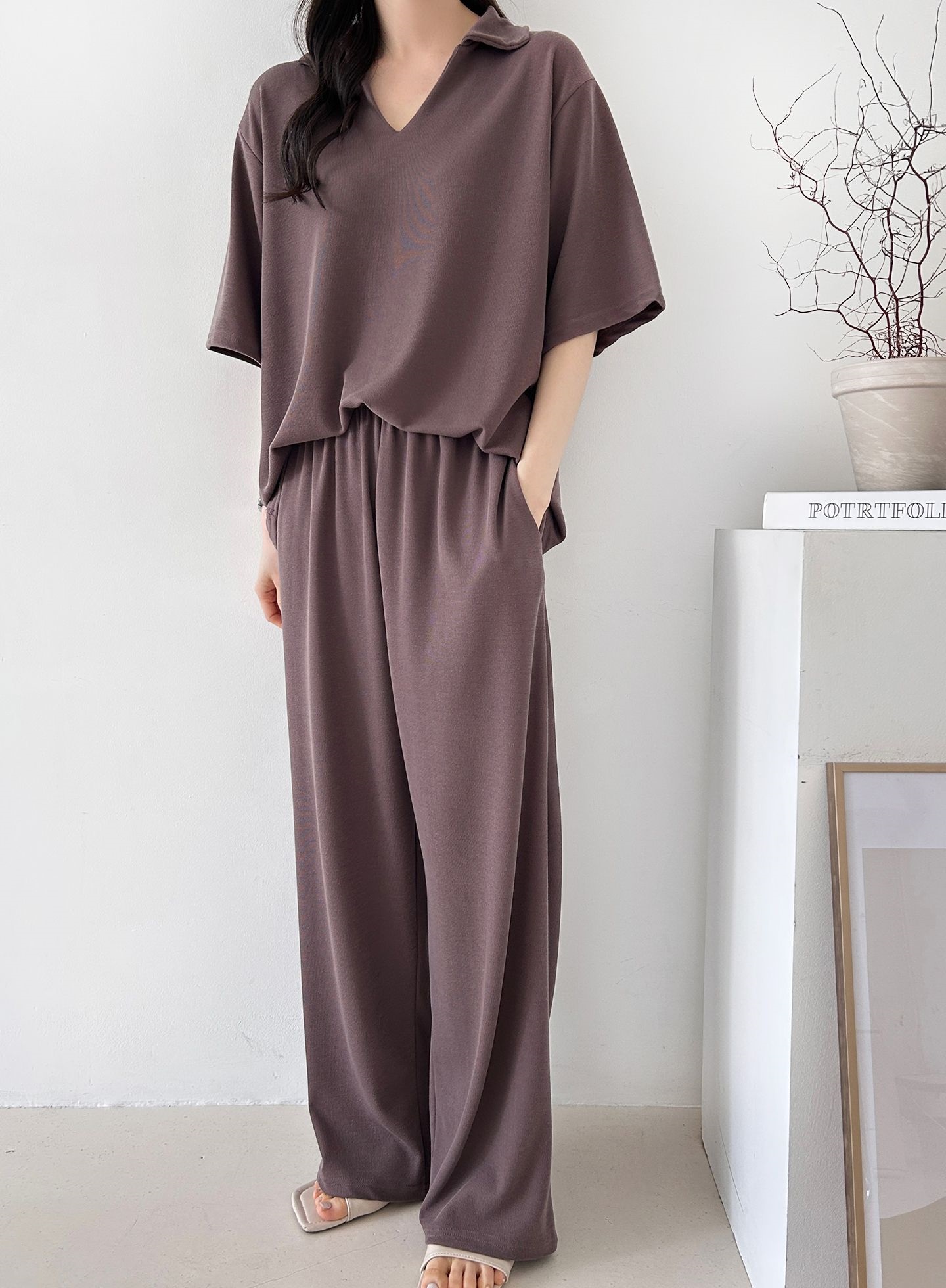 Vネックポケットオープンカラーウエストゴムオーバーサイズルーズ半袖ドロップショルダー無地ツーピース(トップス、ボトムス)パンツTシャツ | 詳細画像26