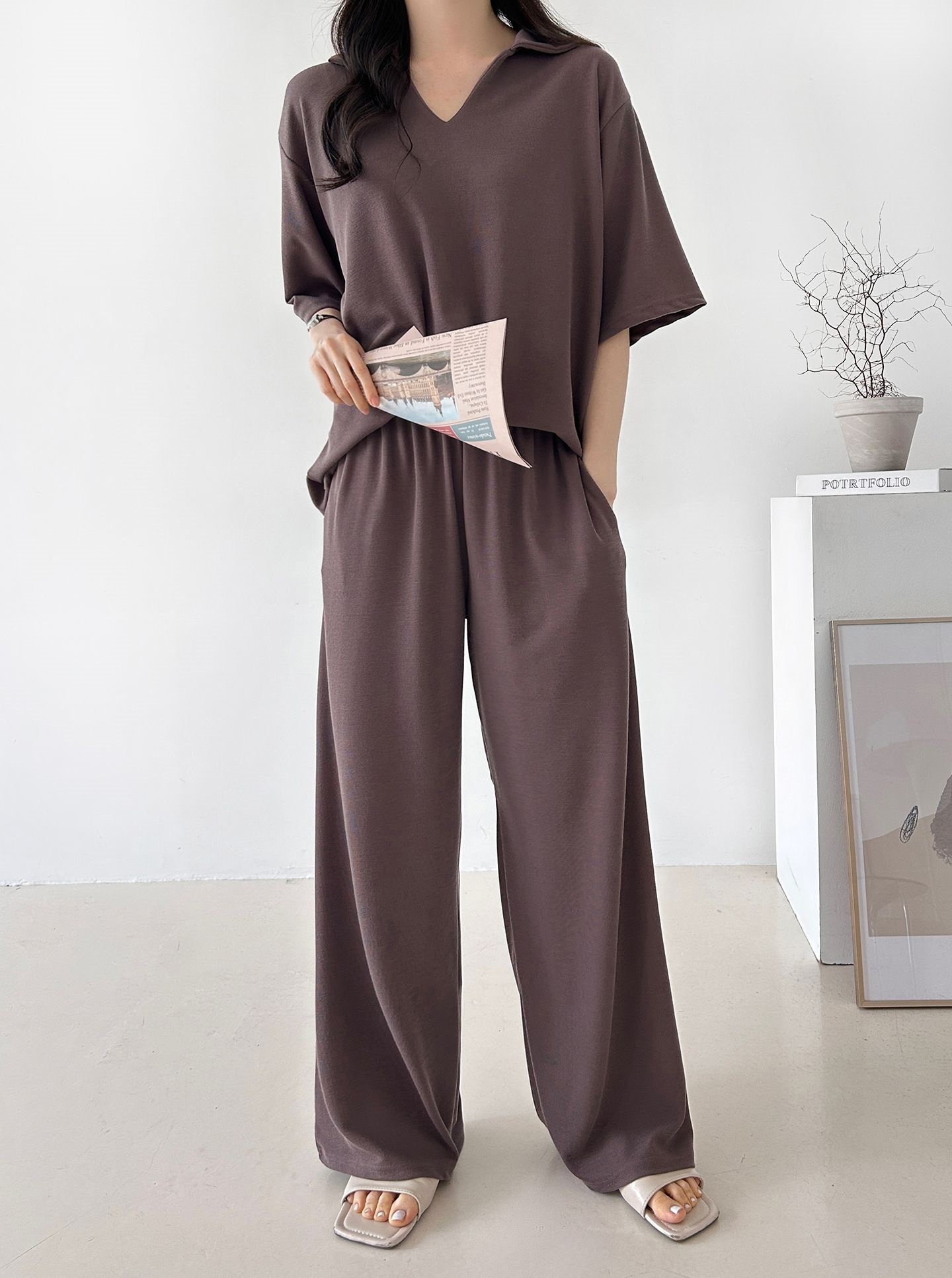 Vネックポケットオープンカラーウエストゴムオーバーサイズルーズ半袖ドロップショルダー無地ツーピース(トップス、ボトムス)パンツTシャツ | 詳細画像27