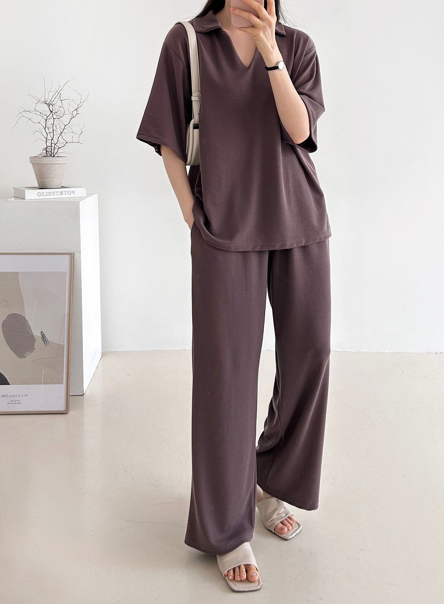 Vネックポケットオープンカラーウエストゴムオーバーサイズルーズ半袖ドロップショルダー無地ツーピース(トップス、ボトムス)パンツTシャツ | 詳細画像28