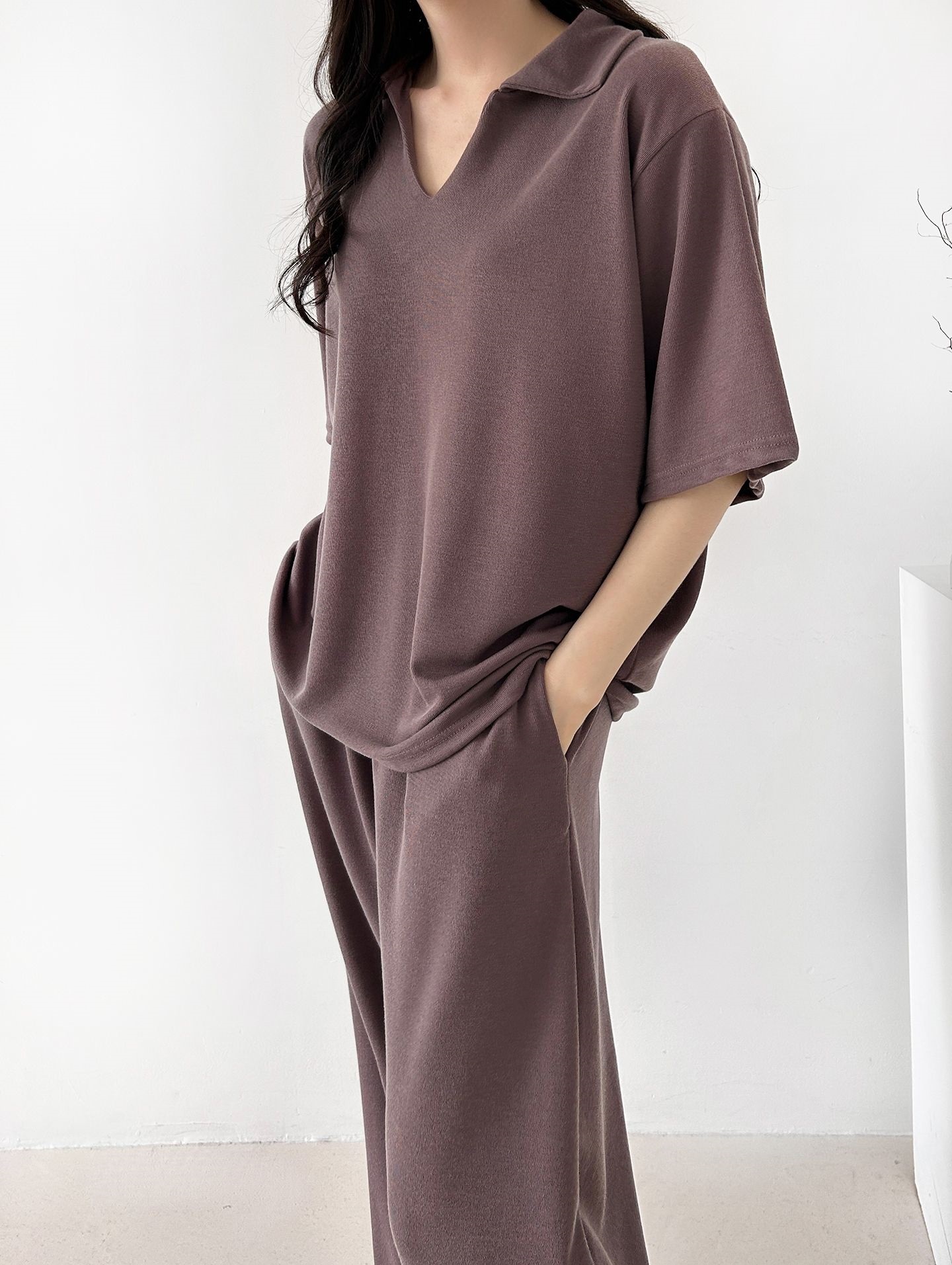 Vネックポケットオープンカラーウエストゴムオーバーサイズルーズ半袖ドロップショルダー無地ツーピース(トップス、ボトムス)パンツTシャツ | 詳細画像29