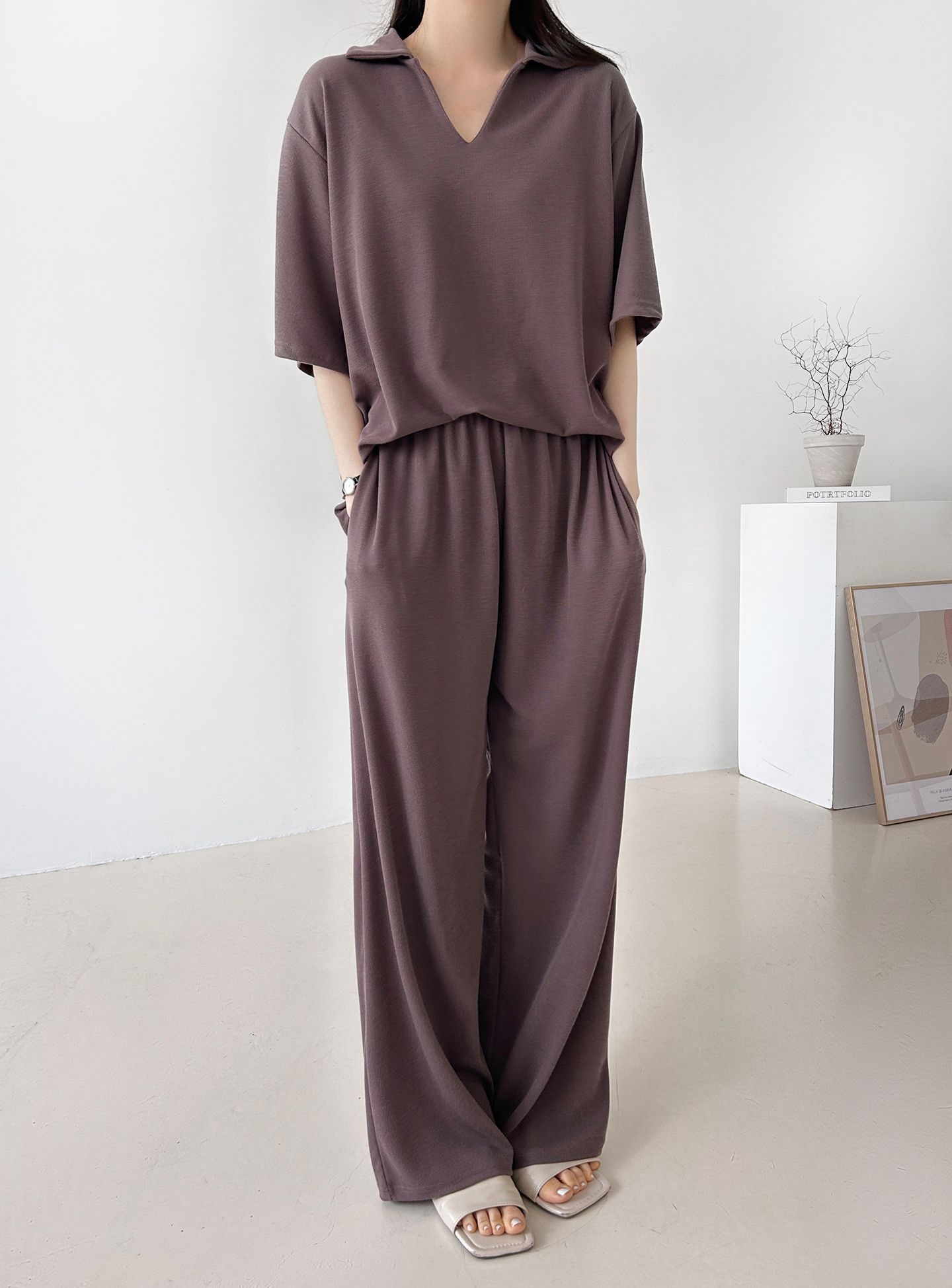Vネックポケットオープンカラーウエストゴムオーバーサイズルーズ半袖ドロップショルダー無地ツーピース(トップス、ボトムス)パンツTシャツ | 詳細画像30