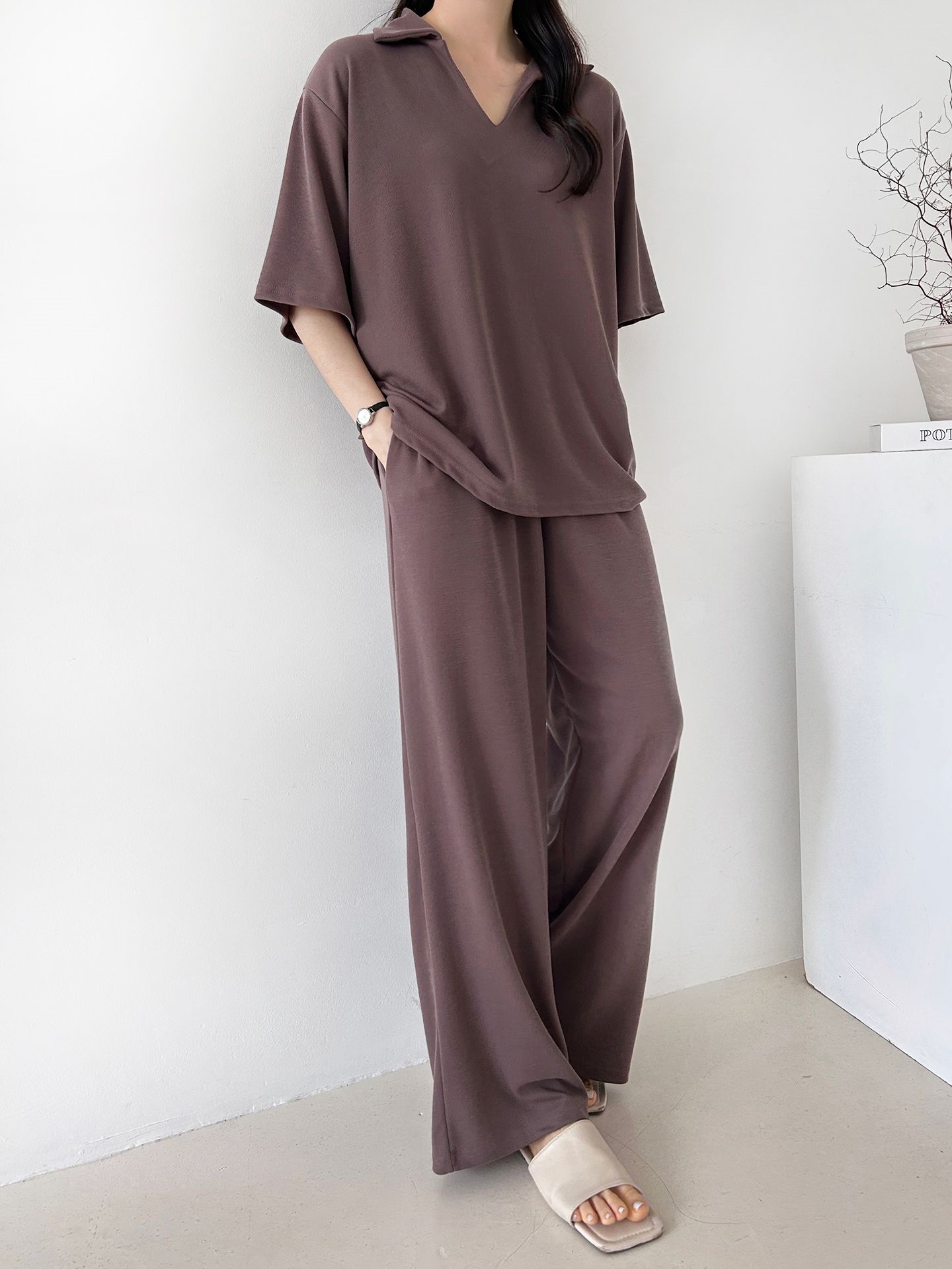 Vネックポケットオープンカラーウエストゴムオーバーサイズルーズ半袖ドロップショルダー無地ツーピース(トップス、ボトムス)パンツTシャツ | 詳細画像31