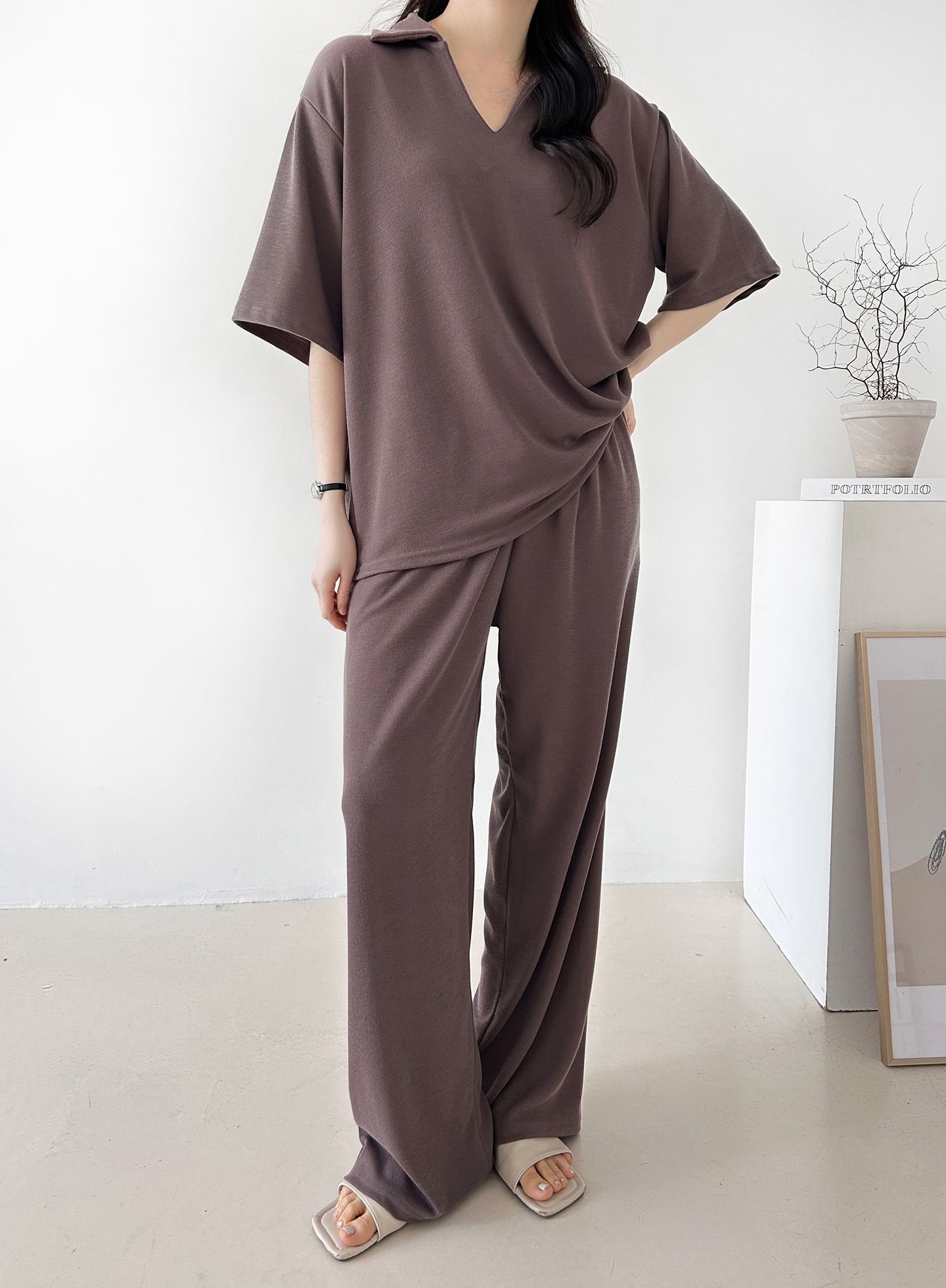 Vネックポケットオープンカラーウエストゴムオーバーサイズルーズ半袖ドロップショルダー無地ツーピース(トップス、ボトムス)パンツTシャツ | 詳細画像32