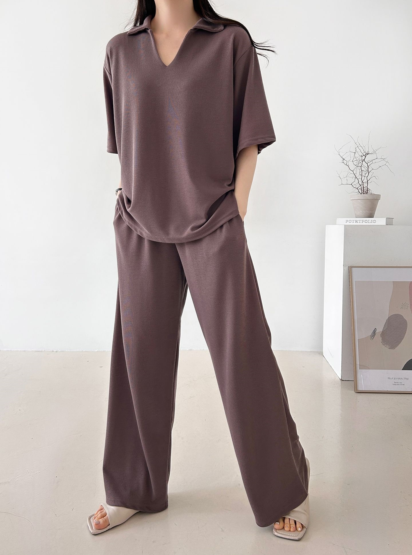 Vネックポケットオープンカラーウエストゴムオーバーサイズルーズ半袖ドロップショルダー無地ツーピース(トップス、ボトムス)パンツTシャツ | 詳細画像33