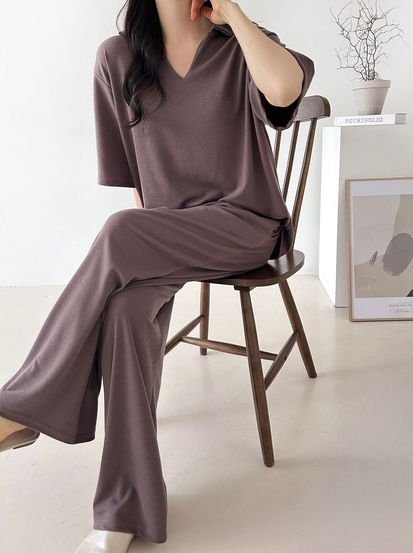 Vネックポケットオープンカラーウエストゴムオーバーサイズルーズ半袖ドロップショルダー無地ツーピース(トップス、ボトムス)パンツTシャツ | 詳細画像34