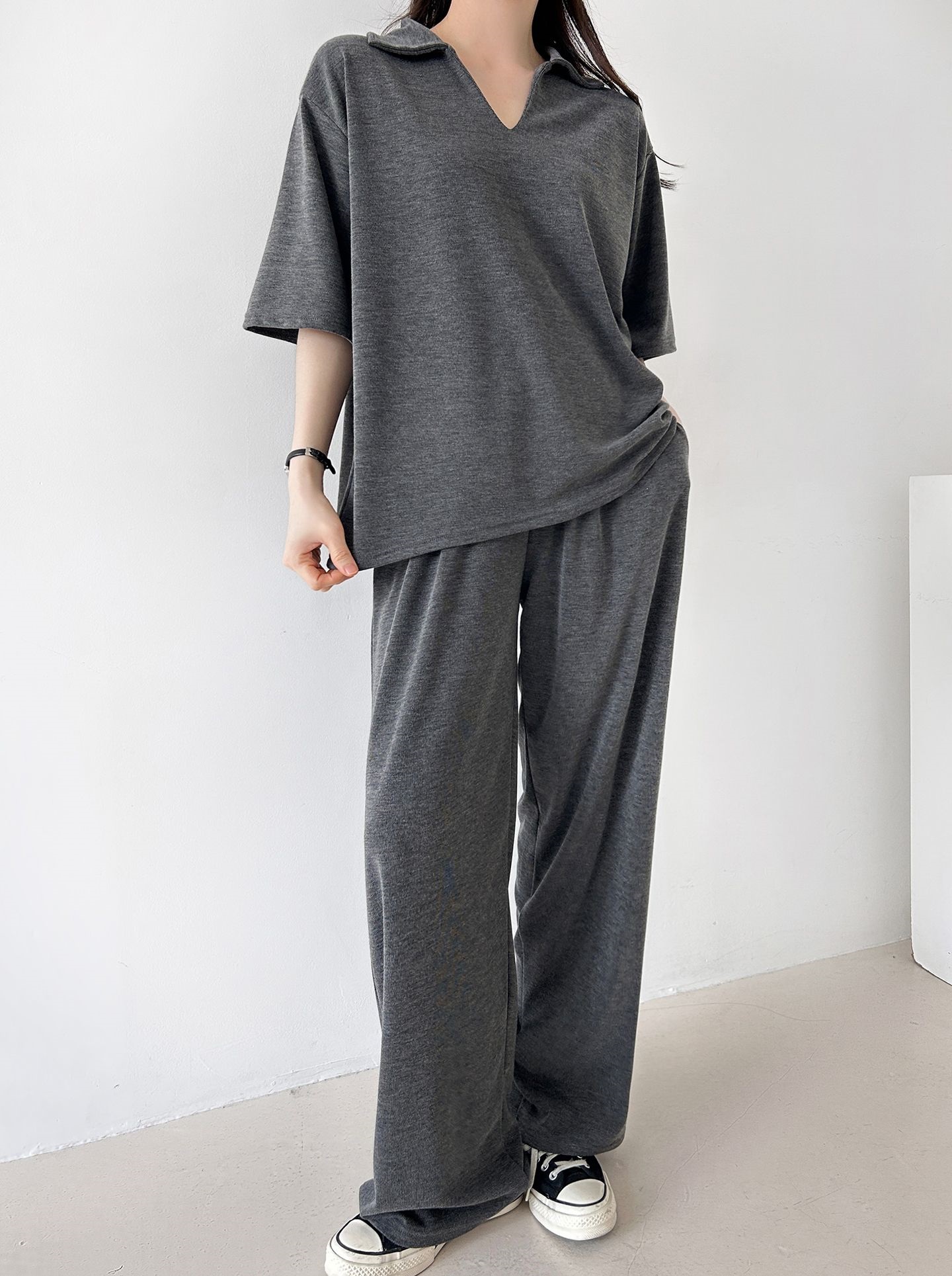 Vネックポケットオープンカラーウエストゴムオーバーサイズルーズ半袖ドロップショルダー無地ツーピース(トップス、ボトムス)パンツTシャツ | 詳細画像35