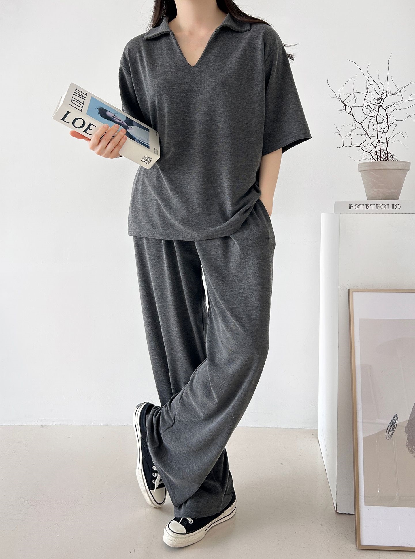 Vネックポケットオープンカラーウエストゴムオーバーサイズルーズ半袖ドロップショルダー無地ツーピース(トップス、ボトムス)パンツTシャツ | 詳細画像36