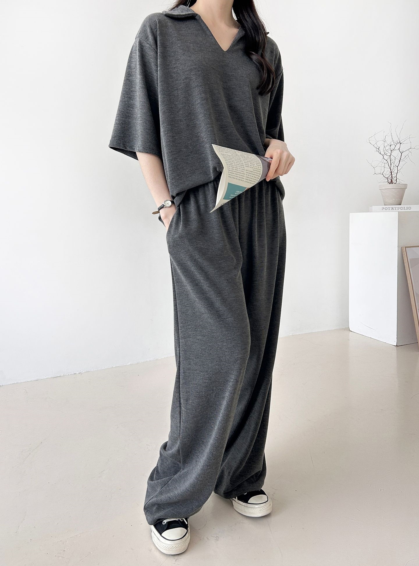 Vネックポケットオープンカラーウエストゴムオーバーサイズルーズ半袖ドロップショルダー無地ツーピース(トップス、ボトムス)パンツTシャツ | 詳細画像38