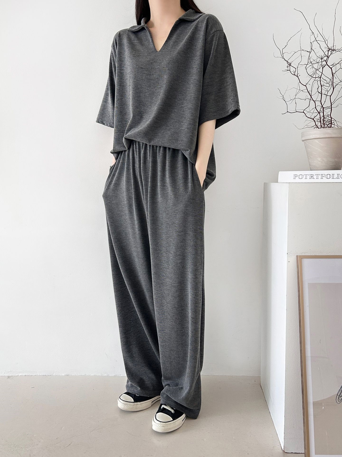 Vネックポケットオープンカラーウエストゴムオーバーサイズルーズ半袖ドロップショルダー無地ツーピース(トップス、ボトムス)パンツTシャツ | 詳細画像39