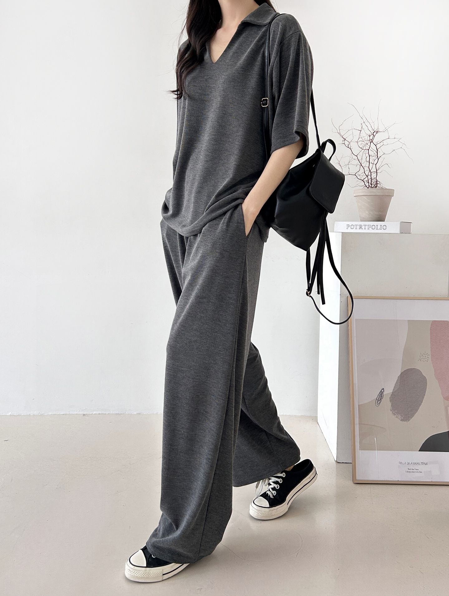 Vネックポケットオープンカラーウエストゴムオーバーサイズルーズ半袖ドロップショルダー無地ツーピース(トップス、ボトムス)パンツTシャツ | 詳細画像40