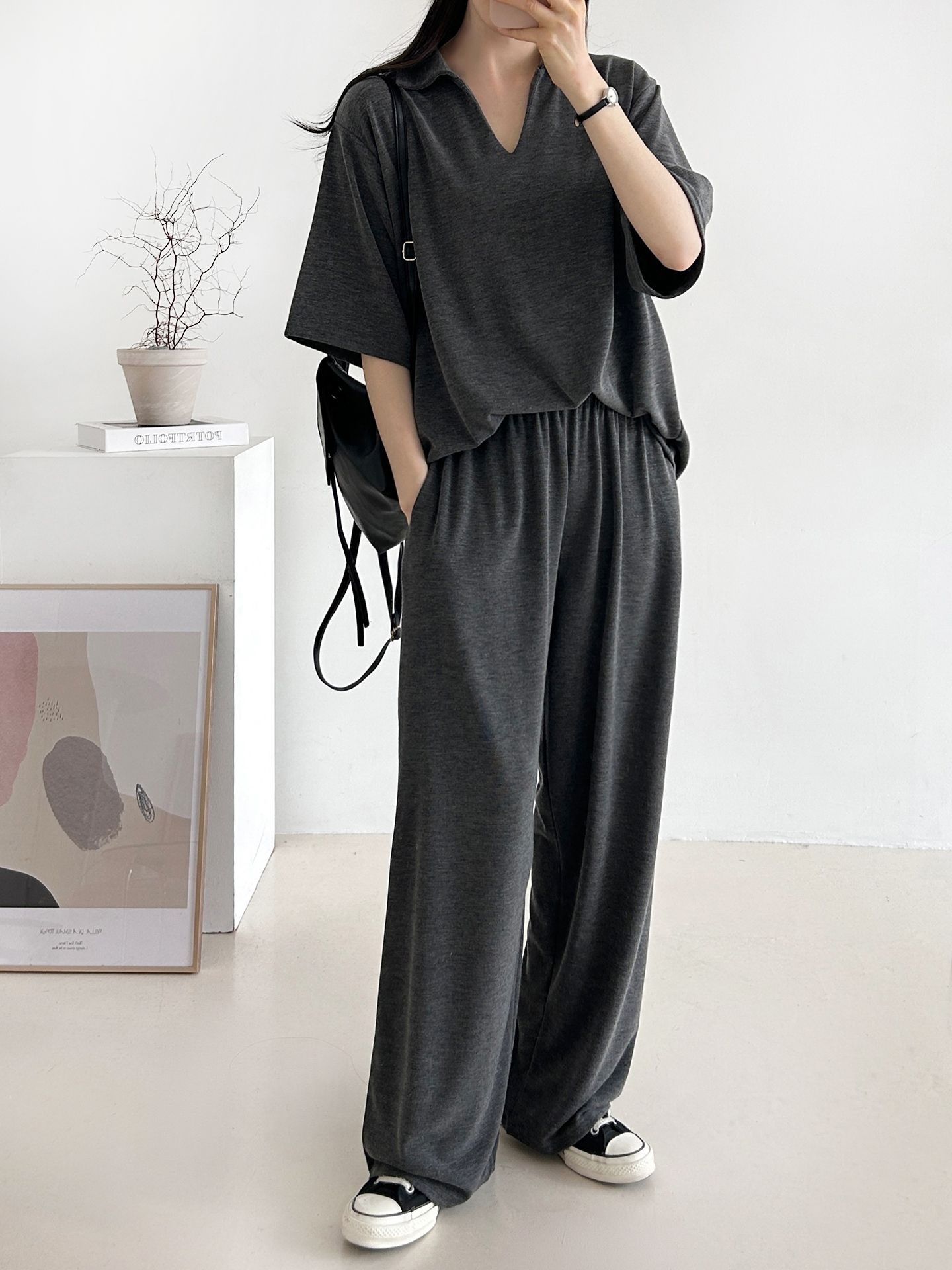 Vネックポケットオープンカラーウエストゴムオーバーサイズルーズ半袖ドロップショルダー無地ツーピース(トップス、ボトムス)パンツTシャツ | 詳細画像41