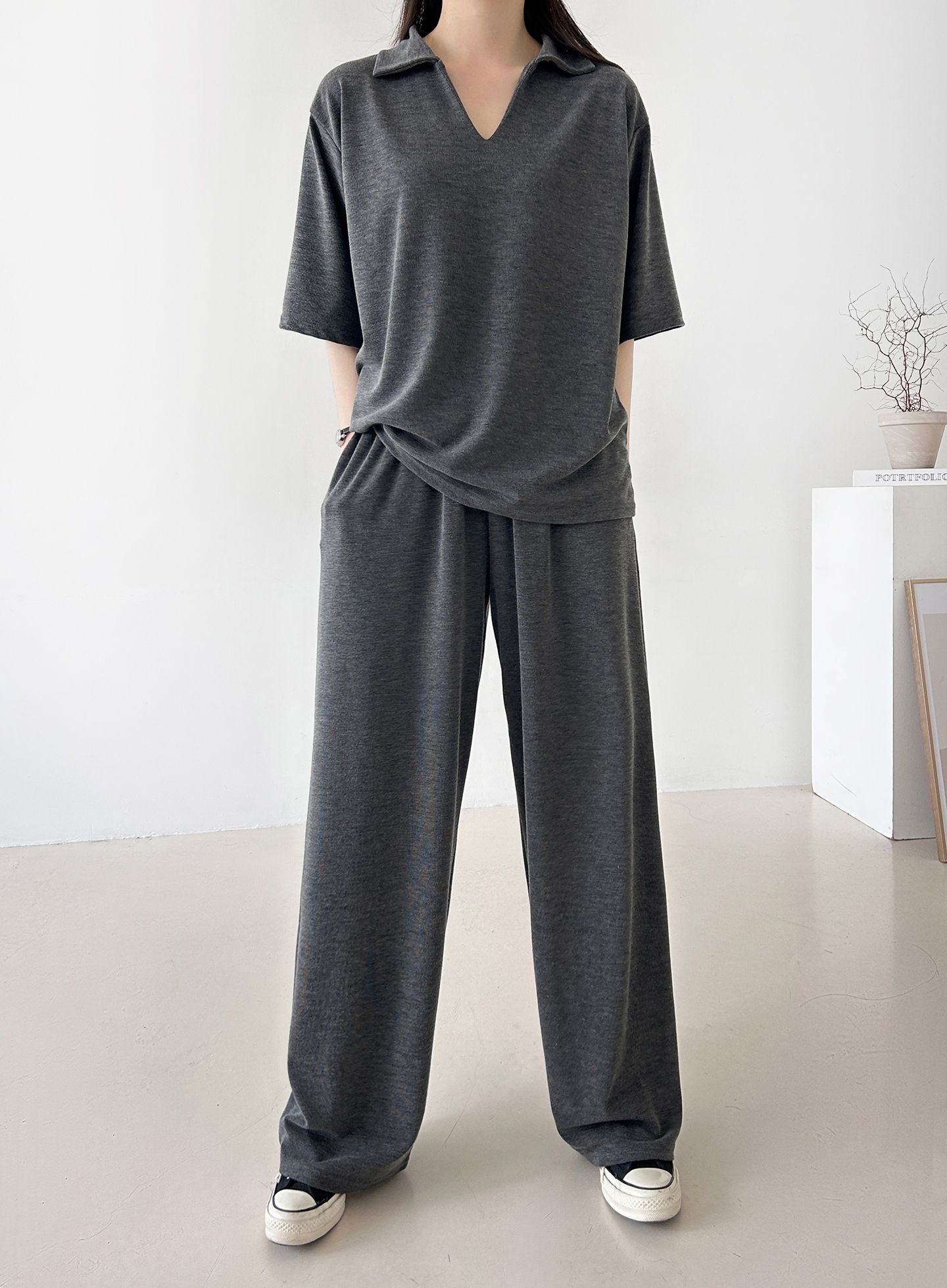 Vネックポケットオープンカラーウエストゴムオーバーサイズルーズ半袖ドロップショルダー無地ツーピース(トップス、ボトムス)パンツTシャツ | 詳細画像42