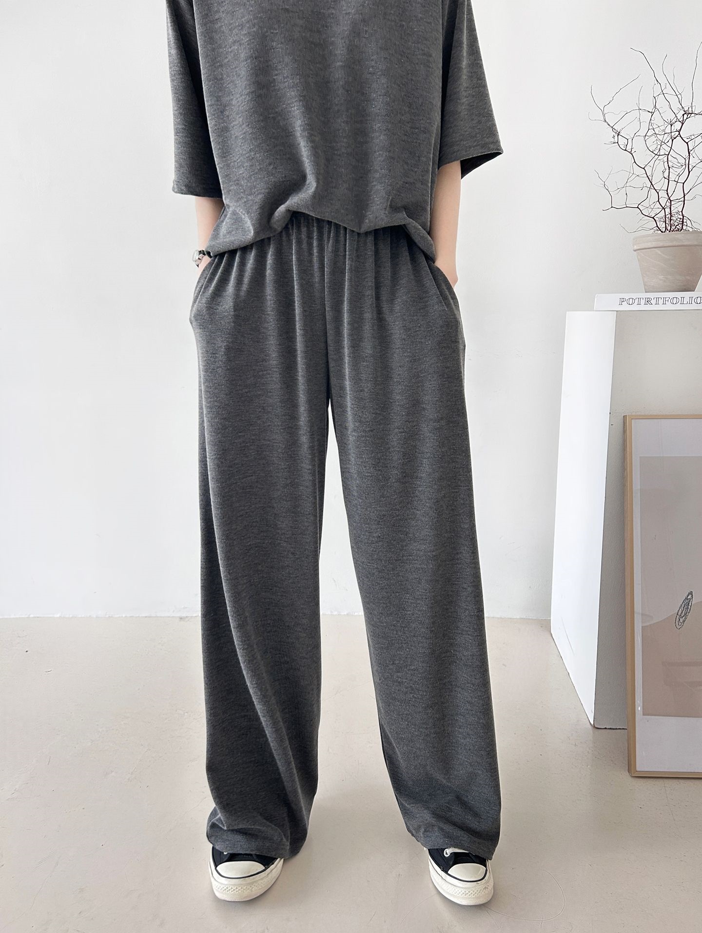 Vネックポケットオープンカラーウエストゴムオーバーサイズルーズ半袖ドロップショルダー無地ツーピース(トップス、ボトムス)パンツTシャツ | 詳細画像43