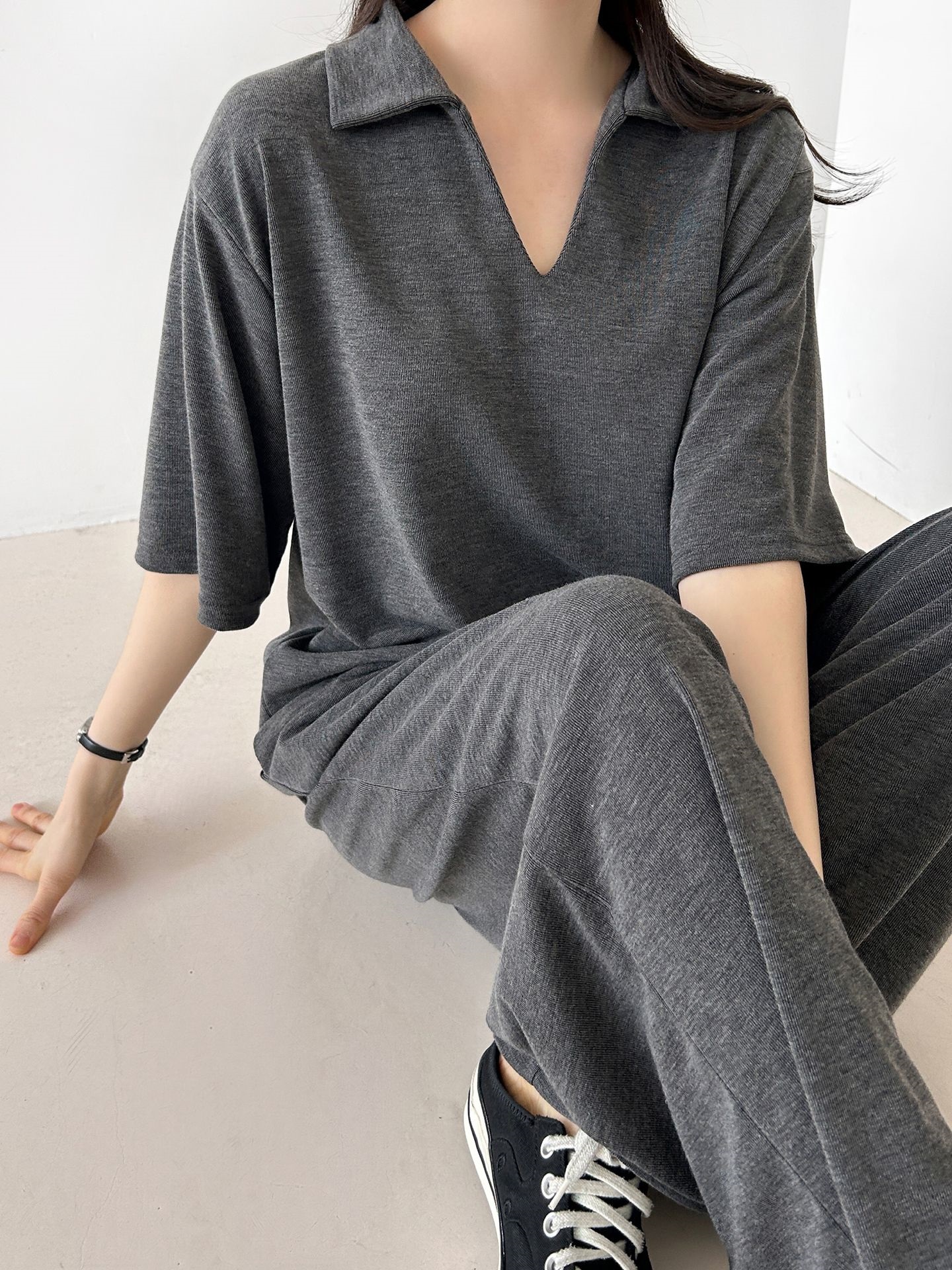 Vネックポケットオープンカラーウエストゴムオーバーサイズルーズ半袖ドロップショルダー無地ツーピース(トップス、ボトムス)パンツTシャツ | 詳細画像44