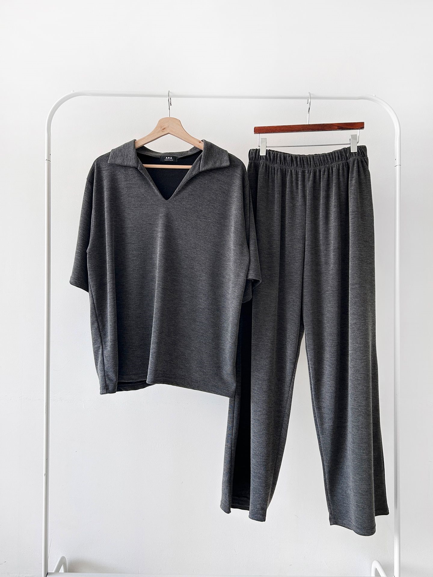 Vネックポケットオープンカラーウエストゴムオーバーサイズルーズ半袖ドロップショルダー無地ツーピース(トップス、ボトムス)パンツTシャツ | 詳細画像46