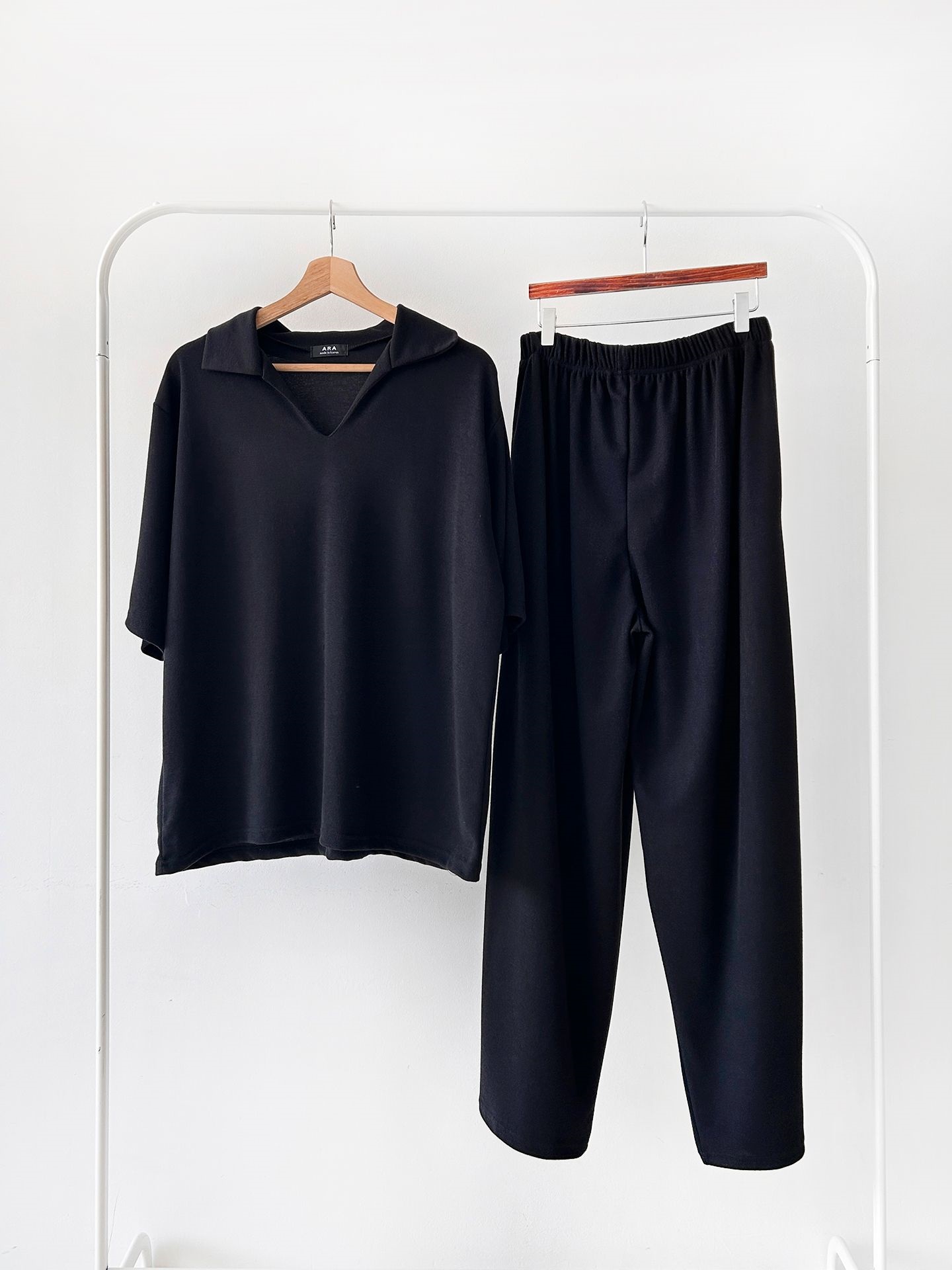 Vネックポケットオープンカラーウエストゴムオーバーサイズルーズ半袖ドロップショルダー無地ツーピース(トップス、ボトムス)パンツTシャツ | 詳細画像47