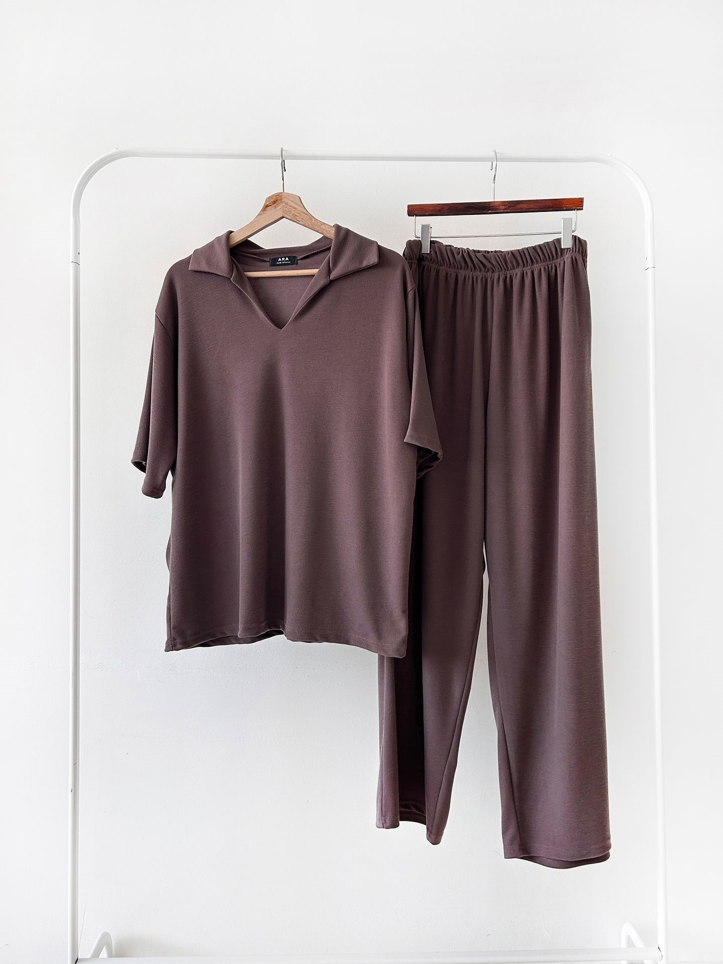 Vネックポケットオープンカラーウエストゴムオーバーサイズルーズ半袖ドロップショルダー無地ツーピース(トップス、ボトムス)パンツTシャツ | 詳細画像48