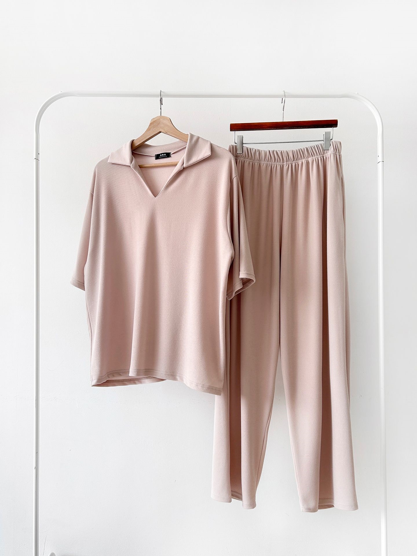 Vネックポケットオープンカラーウエストゴムオーバーサイズルーズ半袖ドロップショルダー無地ツーピース(トップス、ボトムス)パンツTシャツ | 詳細画像49