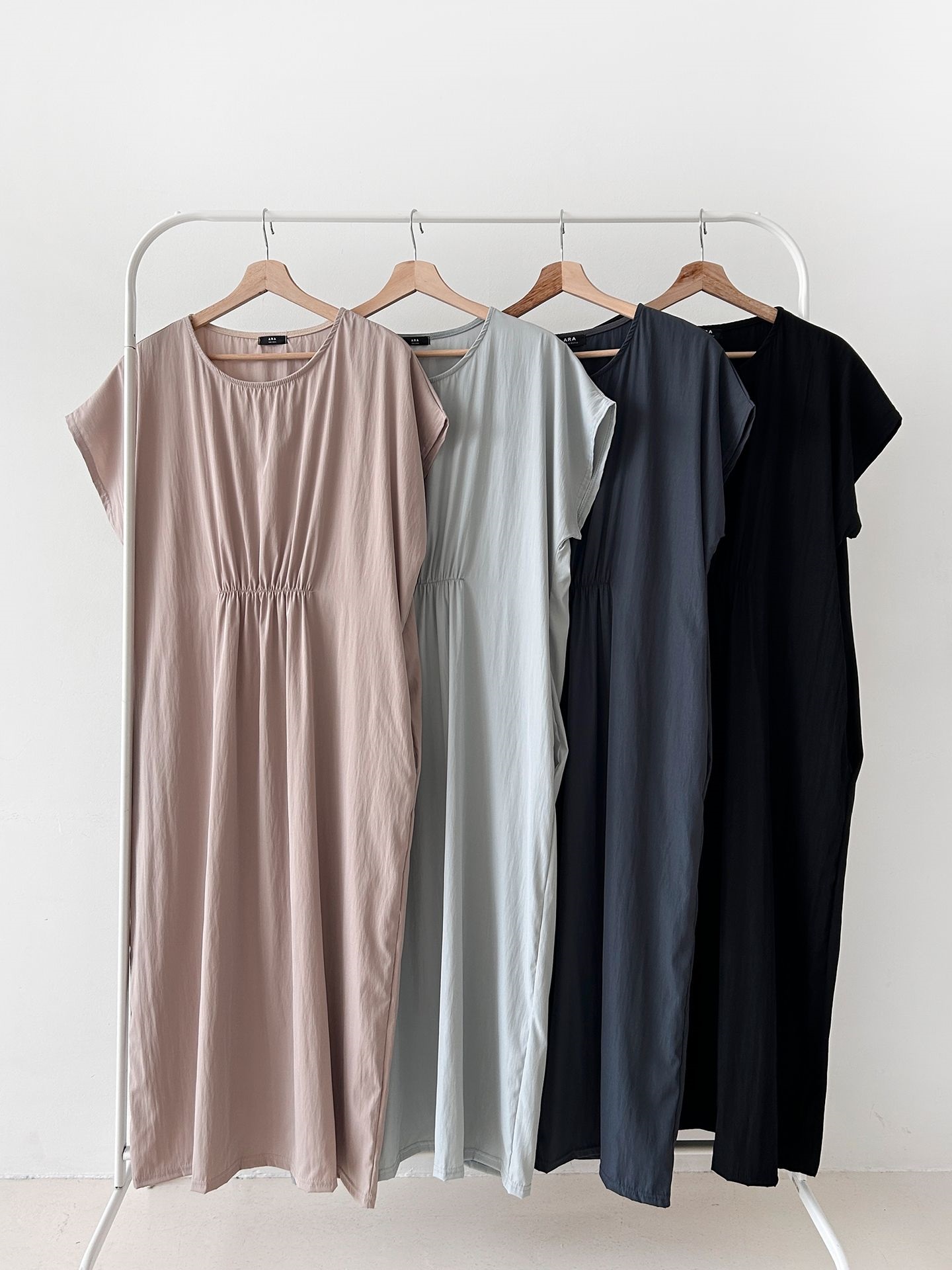 ラウンドネックシャーリングフレンチスリーブオーバーサイズマキシルーズ半袖Hライン(ロング丈)無地ワンピース | 詳細画像45