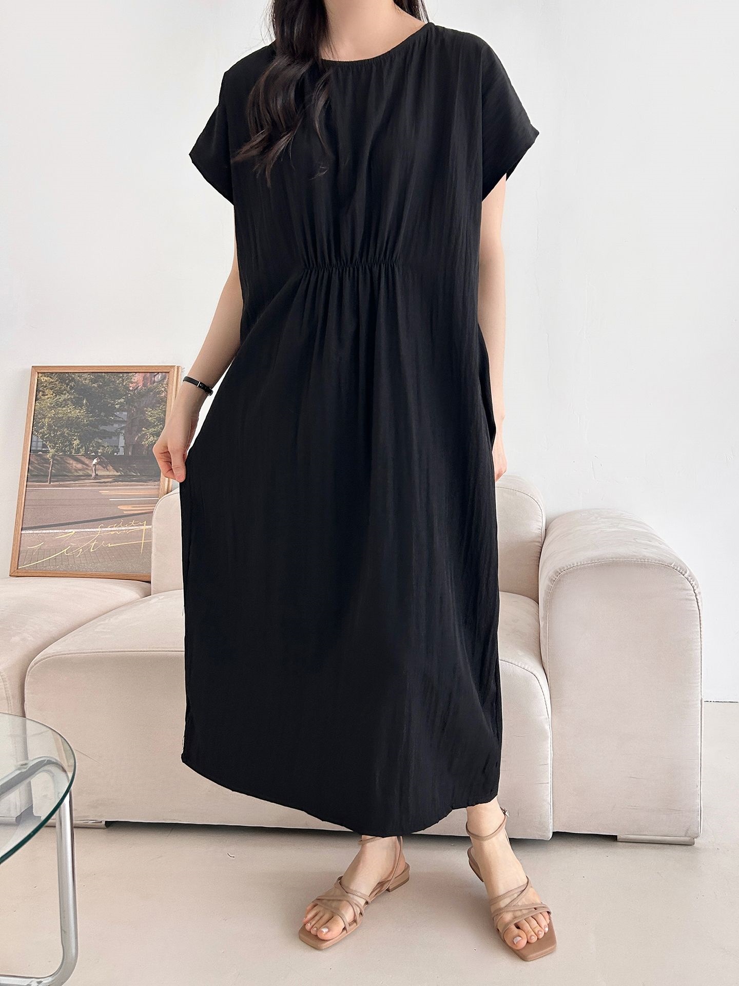 ラウンドネックシャーリングフレンチスリーブオーバーサイズマキシルーズ半袖Hライン(ロング丈)無地ワンピース | 詳細画像18