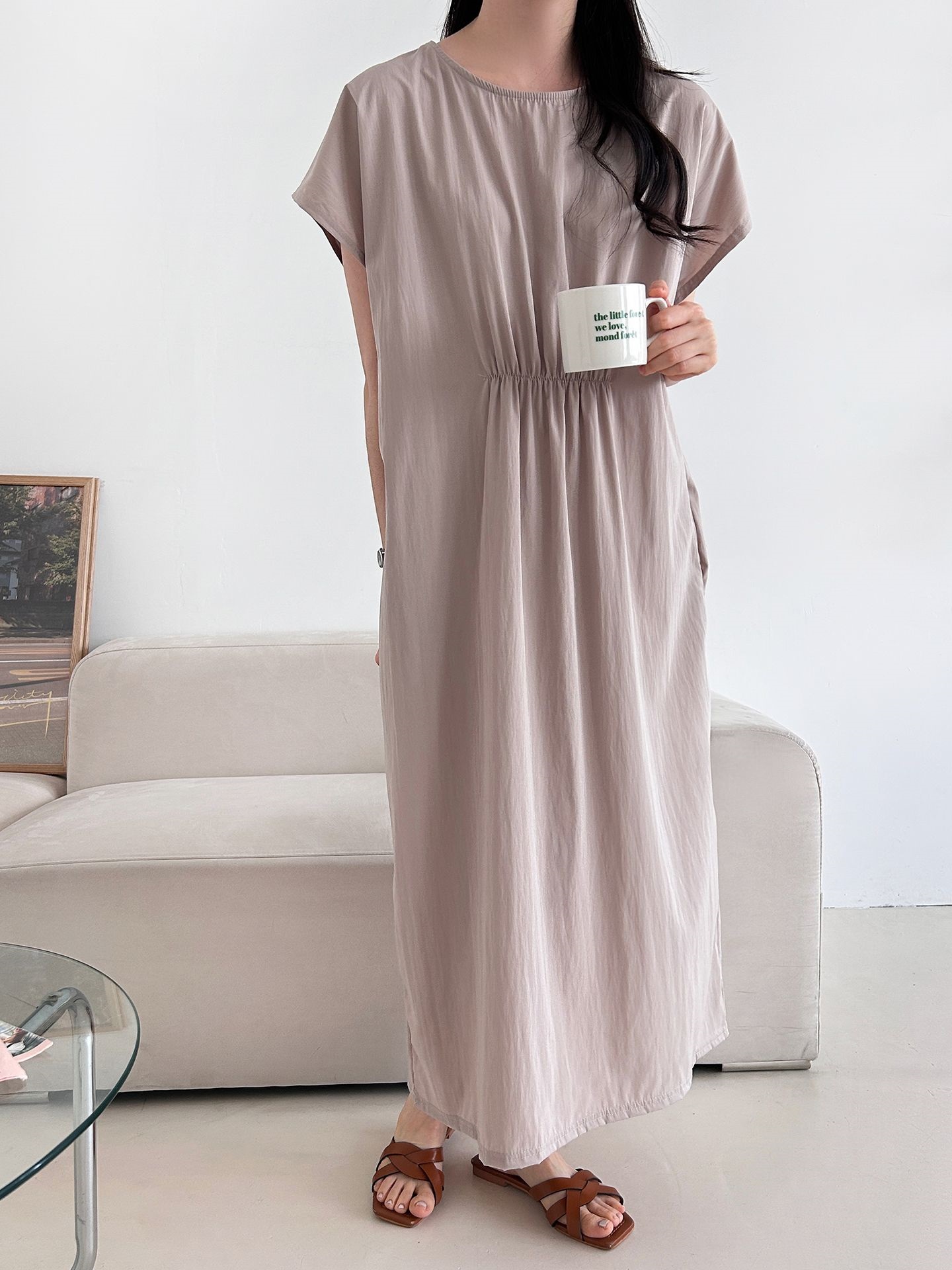 ラウンドネックシャーリングフレンチスリーブオーバーサイズマキシルーズ半袖Hライン(ロング丈)無地ワンピース | 詳細画像32