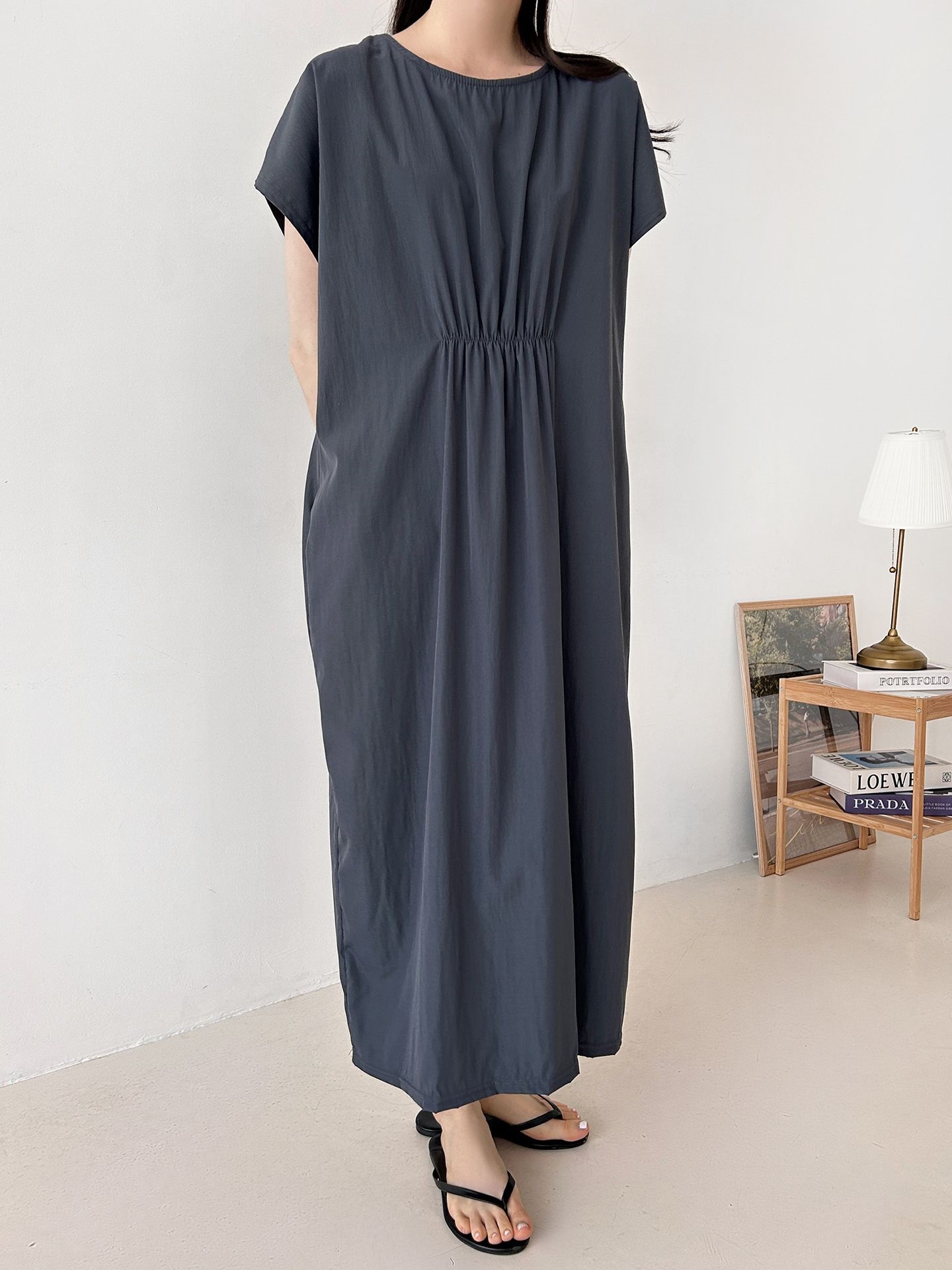 ラウンドネックシャーリングフレンチスリーブオーバーサイズマキシルーズ半袖Hライン(ロング丈)無地ワンピース | 詳細画像41