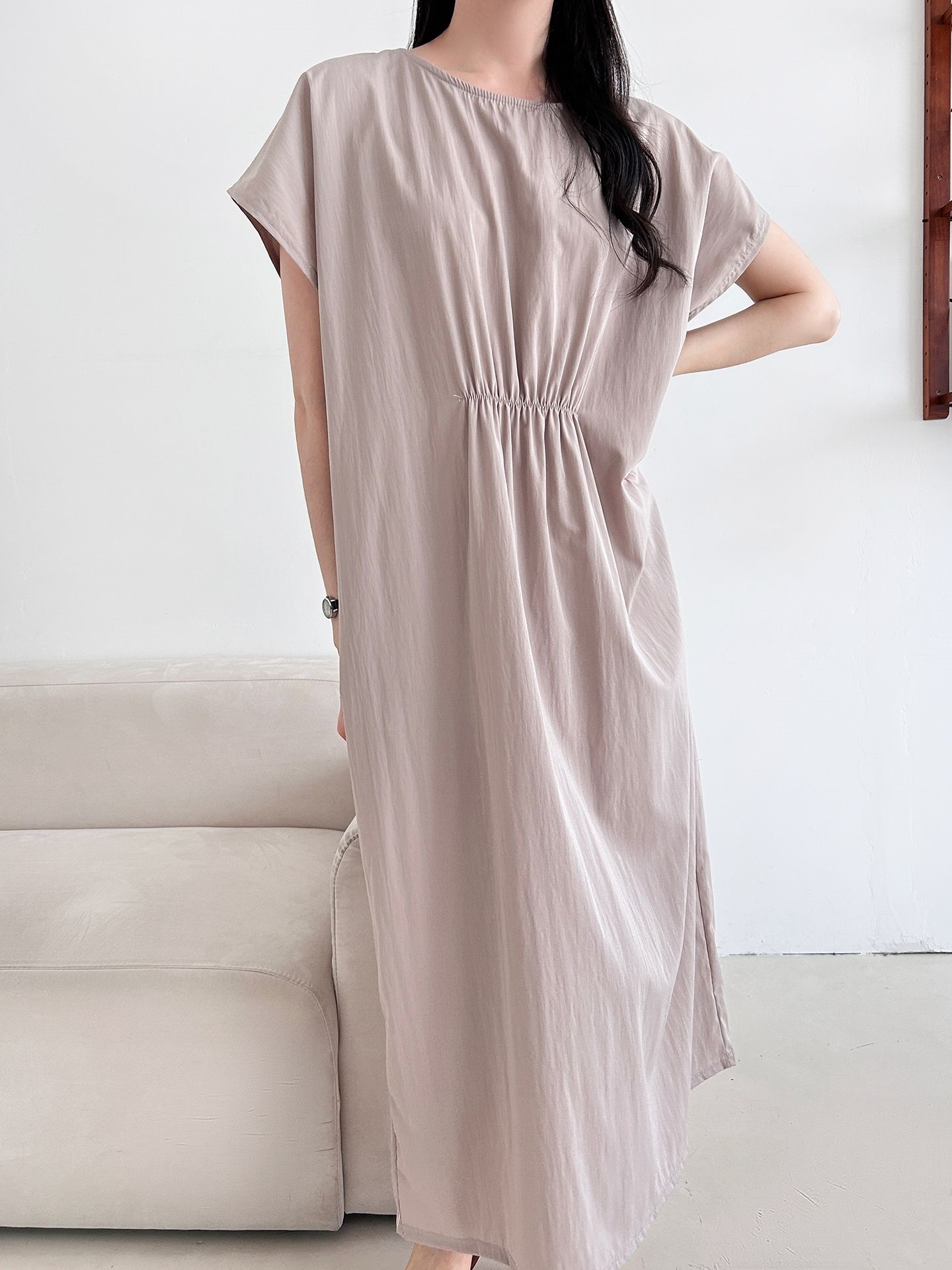 ラウンドネックシャーリングフレンチスリーブオーバーサイズマキシルーズ半袖Hライン(ロング丈)無地ワンピース | 詳細画像33