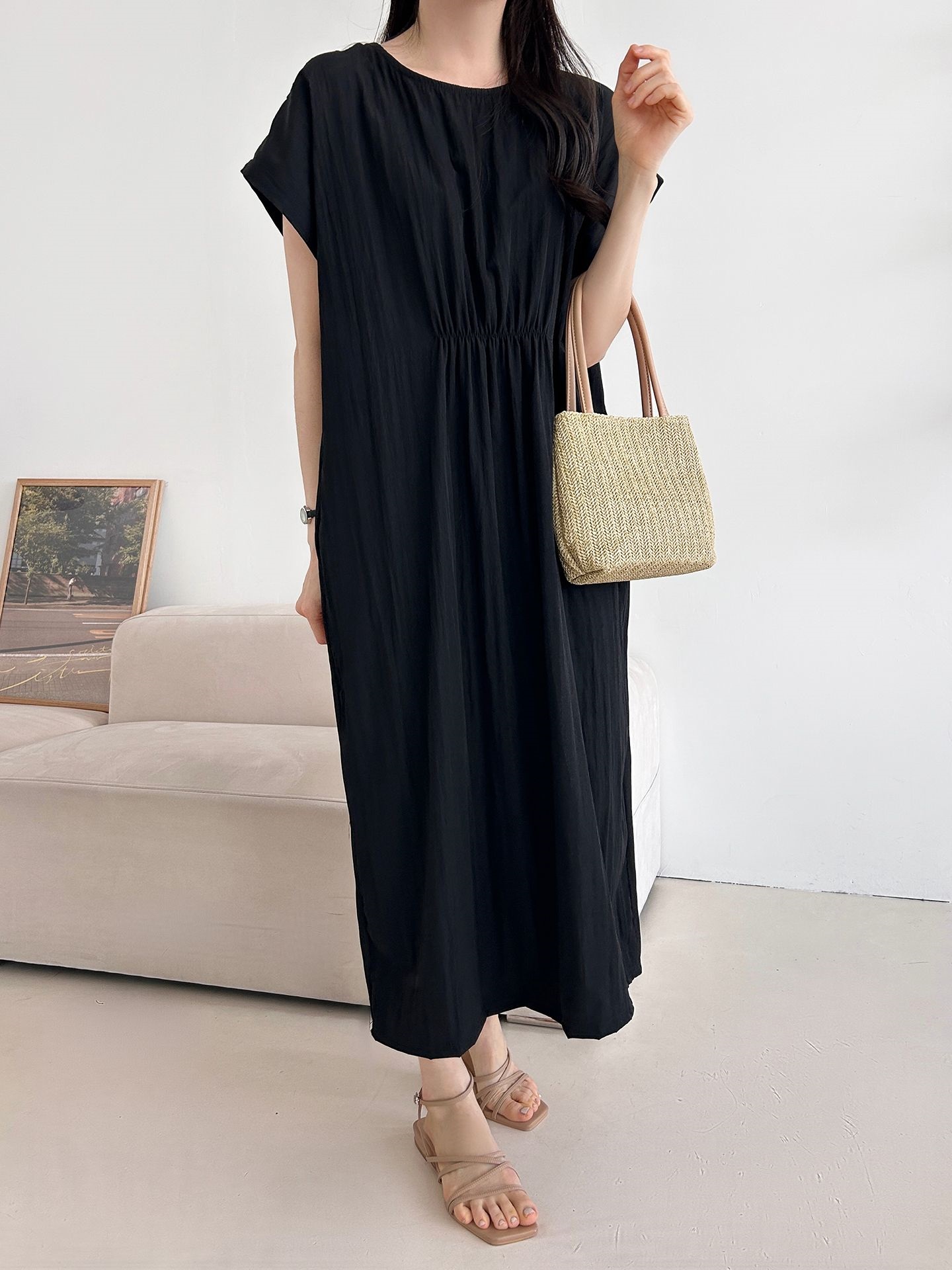 ラウンドネックシャーリングフレンチスリーブオーバーサイズマキシルーズ半袖Hライン(ロング丈)無地ワンピース | 詳細画像23