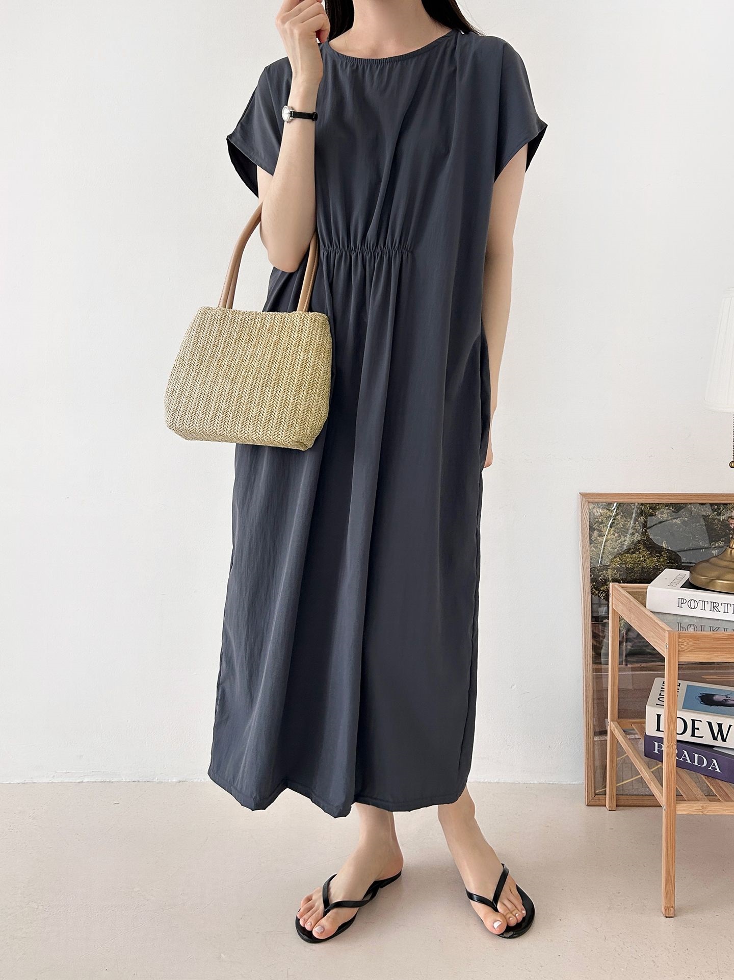 ラウンドネックシャーリングフレンチスリーブオーバーサイズマキシルーズ半袖Hライン(ロング丈)無地ワンピース | 詳細画像35