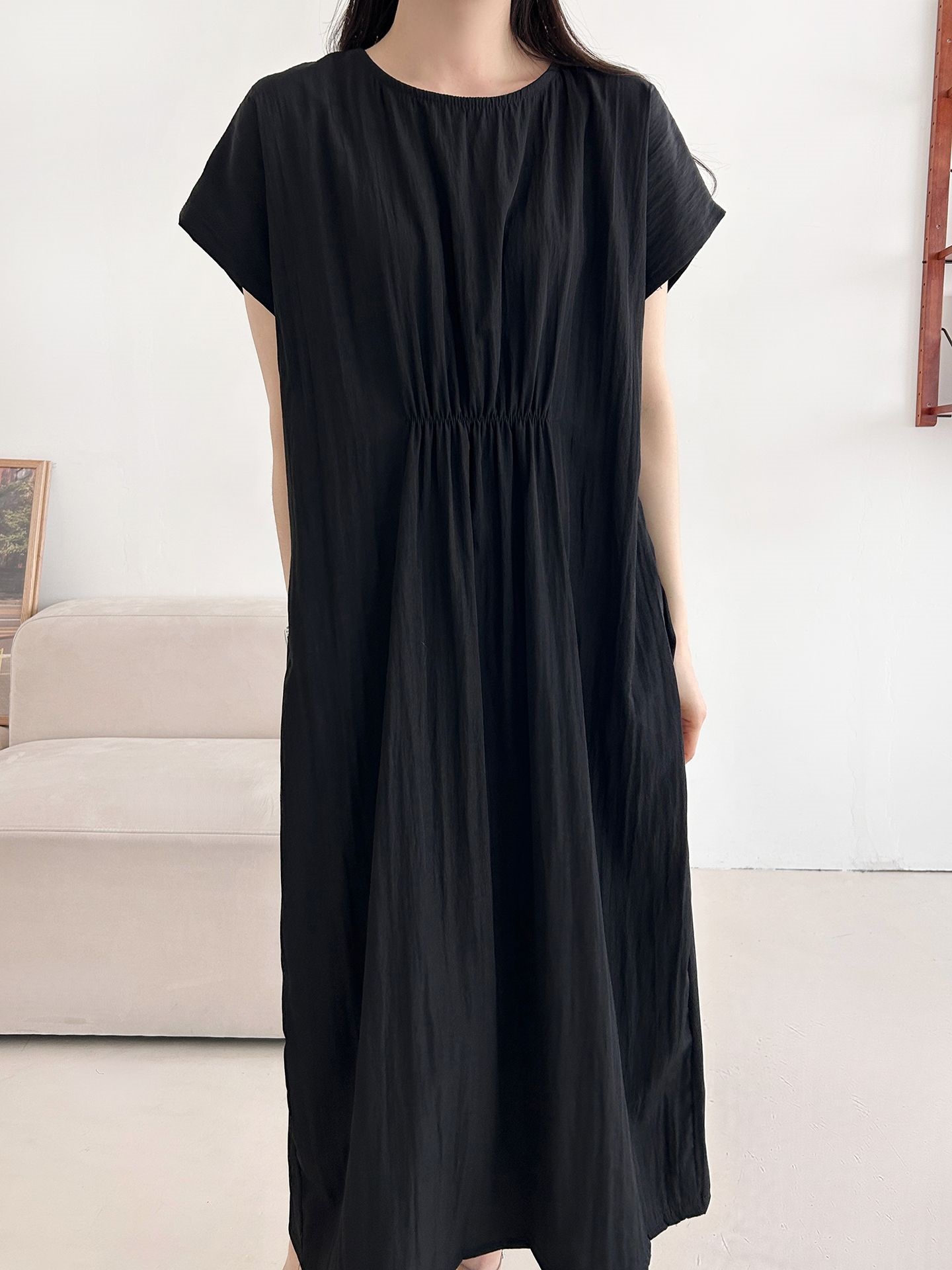 ラウンドネックシャーリングフレンチスリーブオーバーサイズマキシルーズ半袖Hライン(ロング丈)無地ワンピース | 詳細画像22