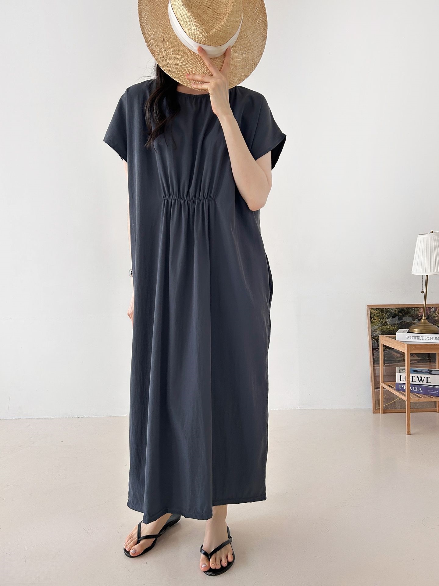 ラウンドネックシャーリングフレンチスリーブオーバーサイズマキシルーズ半袖Hライン(ロング丈)無地ワンピース | 詳細画像43