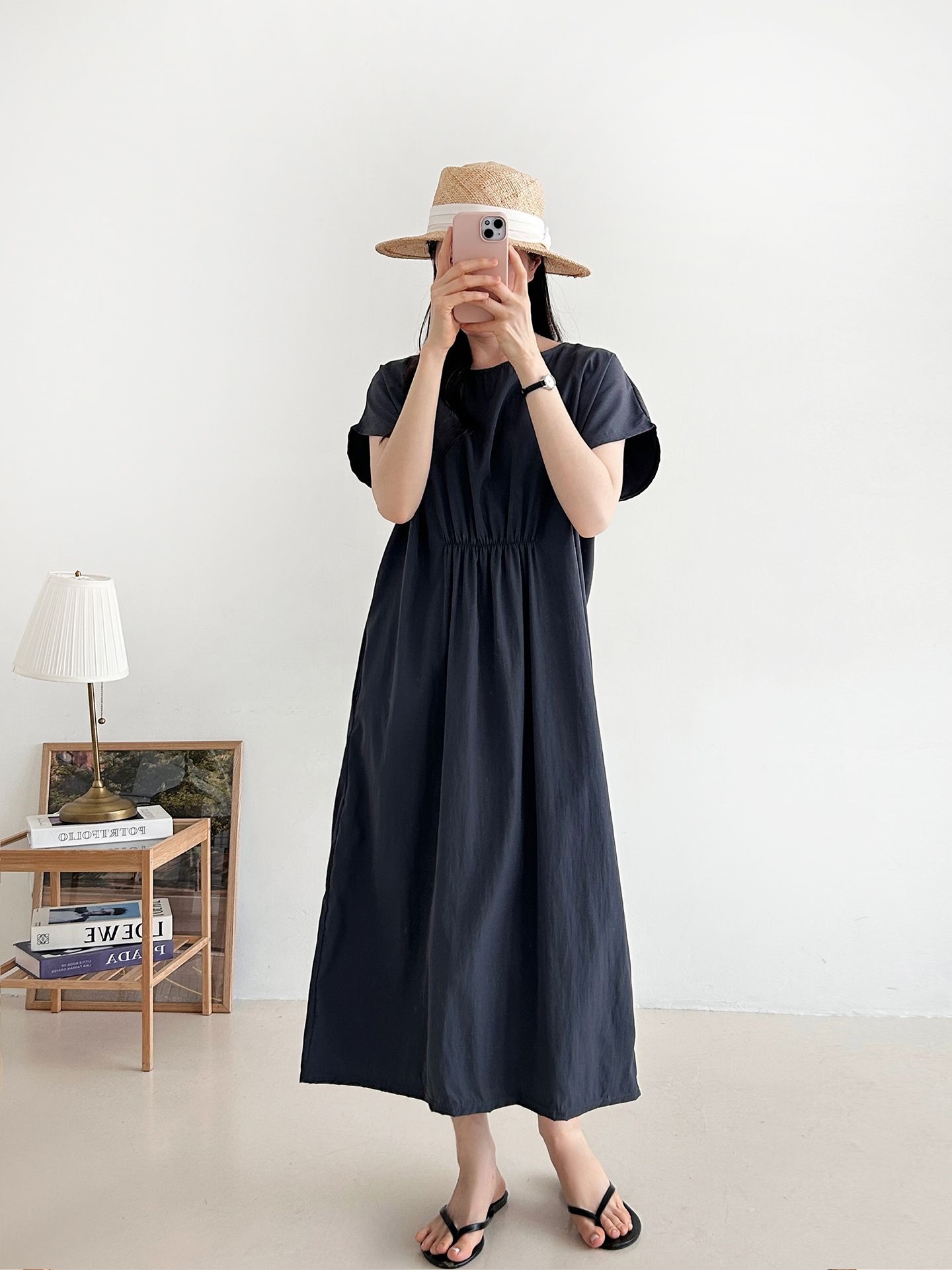 ラウンドネックシャーリングフレンチスリーブオーバーサイズマキシルーズ半袖Hライン(ロング丈)無地ワンピース | 詳細画像37