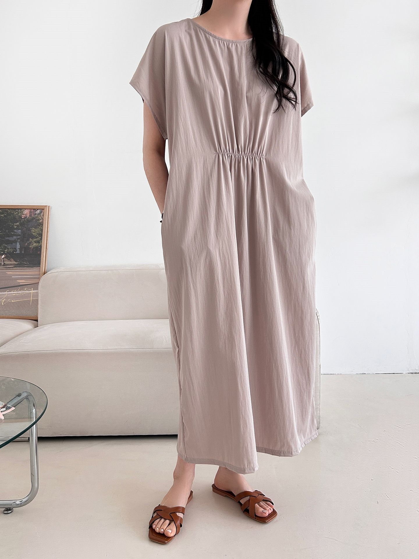 ラウンドネックシャーリングフレンチスリーブオーバーサイズマキシルーズ半袖Hライン(ロング丈)無地ワンピース | 詳細画像29